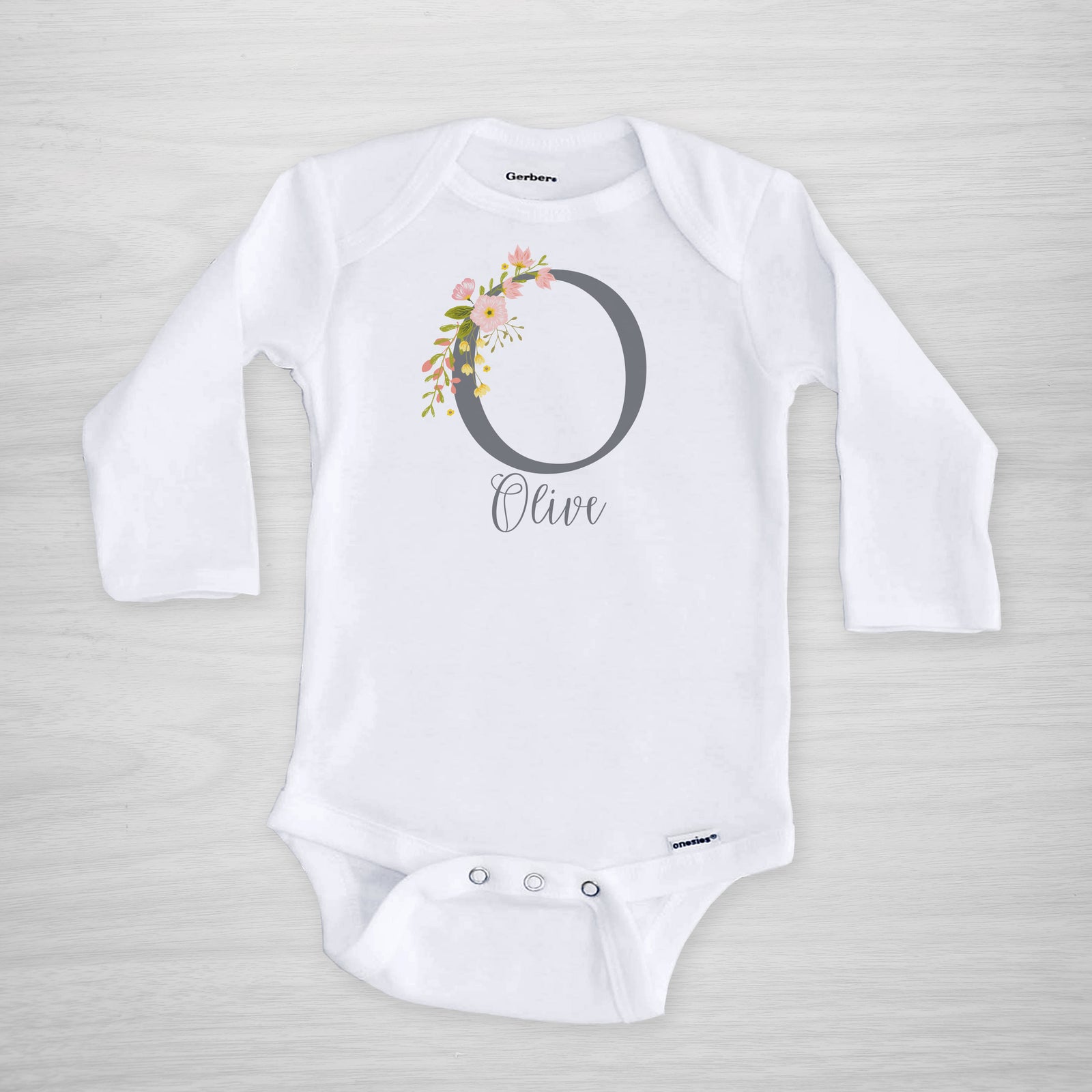 blossom initial personalized onesie, short sleeved, Pipsy.com