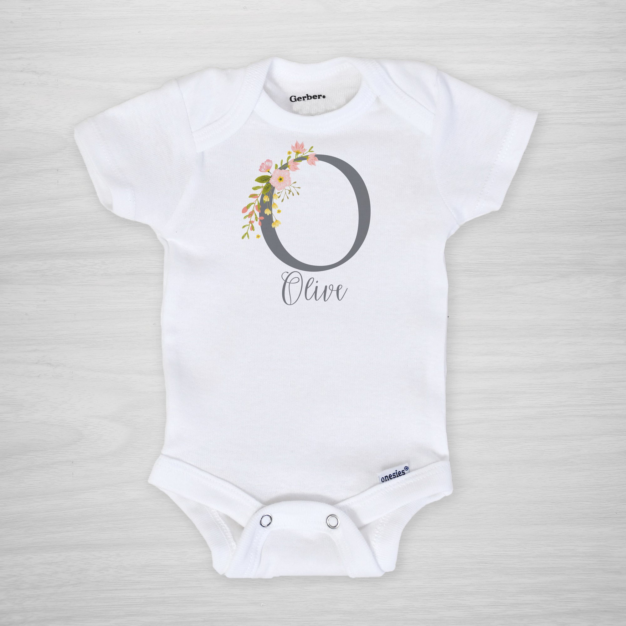 blossom initial personalized onesie, short sleeved, Pipsy.com