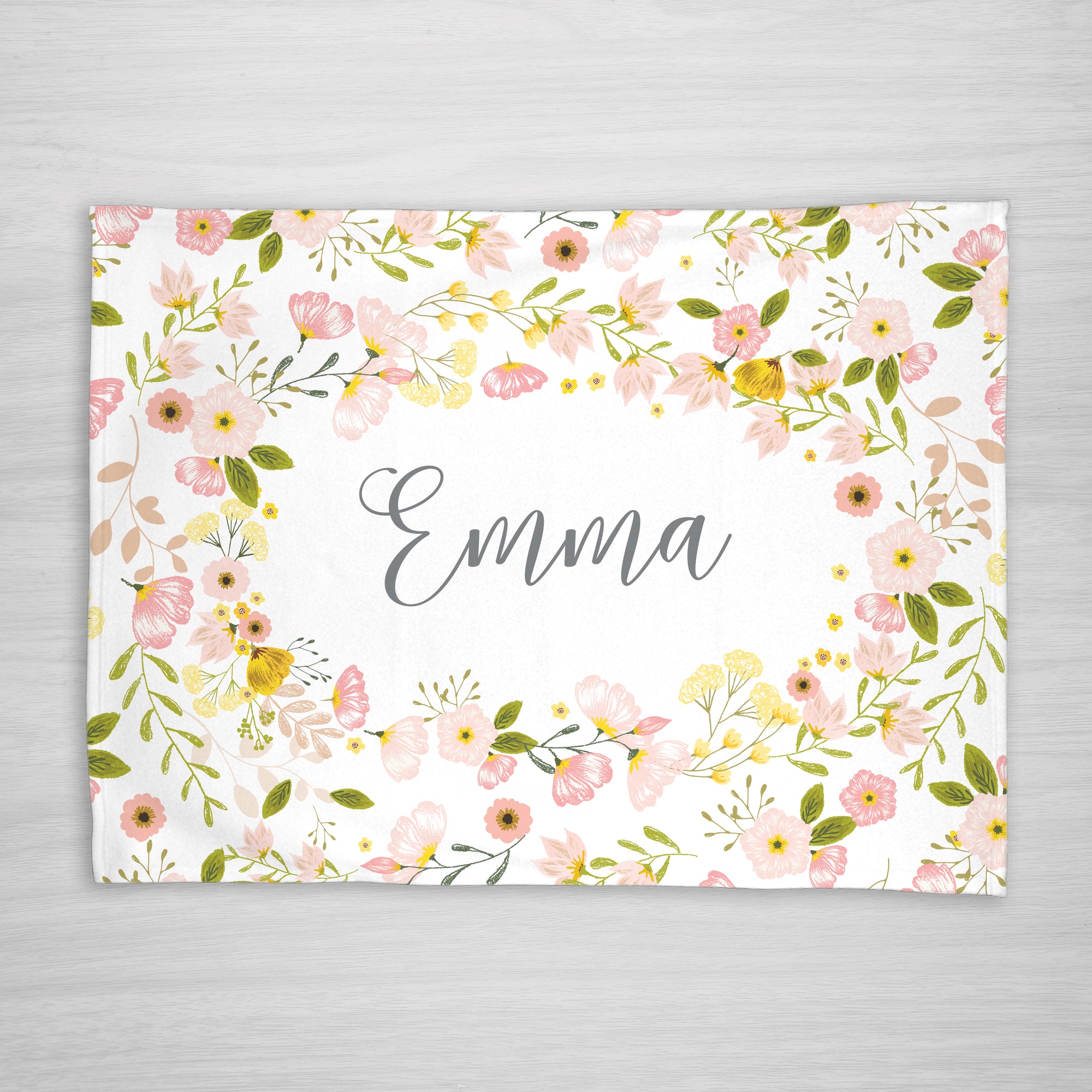 Floral blossom personalized baby name blanket, pink yellow and gray, Pipsy.com