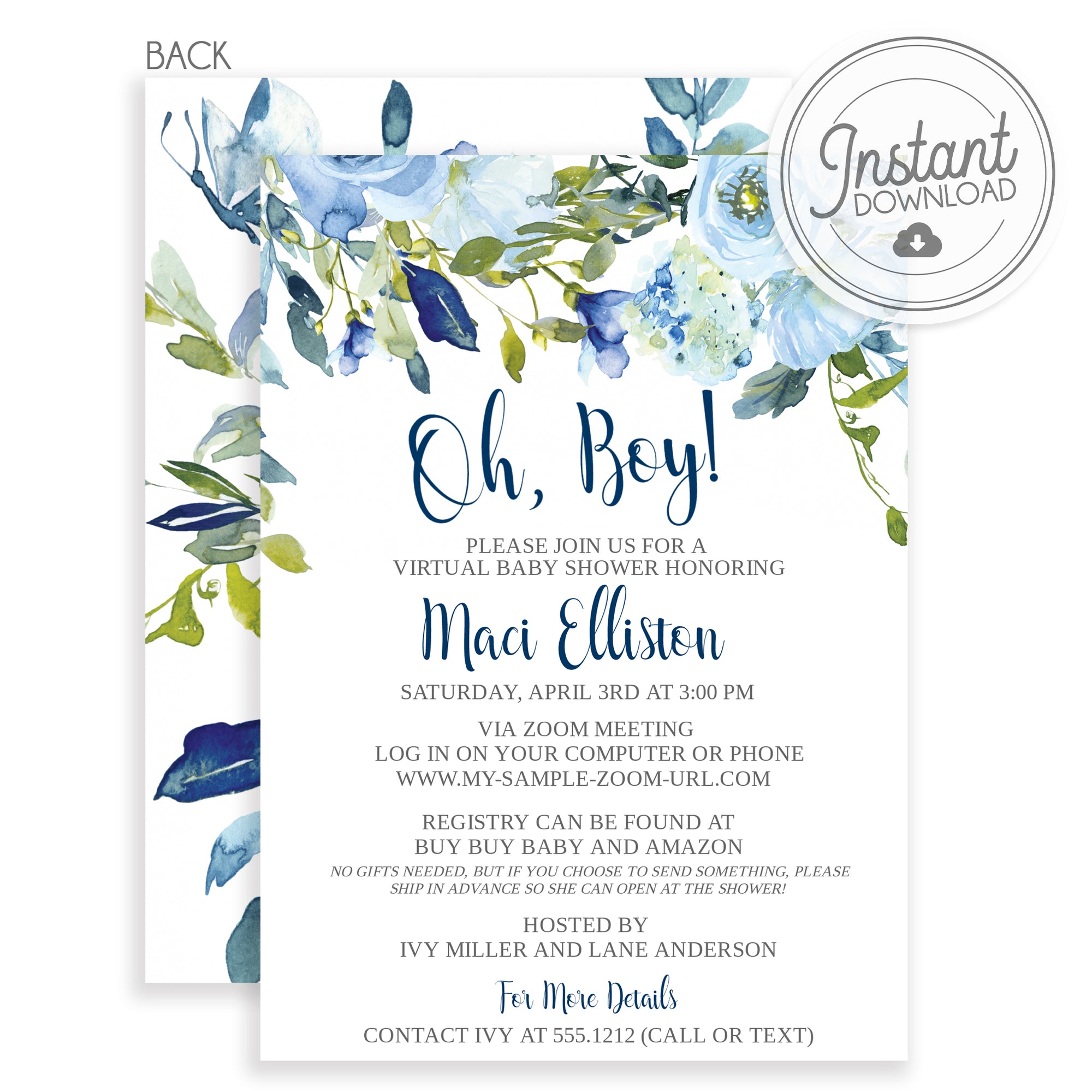 Virtual Baby Shower - Blue Floral Watercolor,  Instant Download, Templett, PIPSY.COM