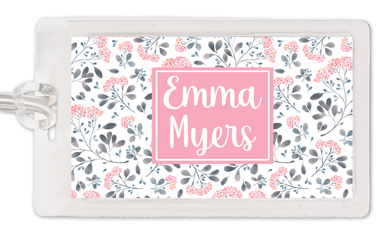 Boho floral laminated bag tag, personalized, different wording can be on front and back