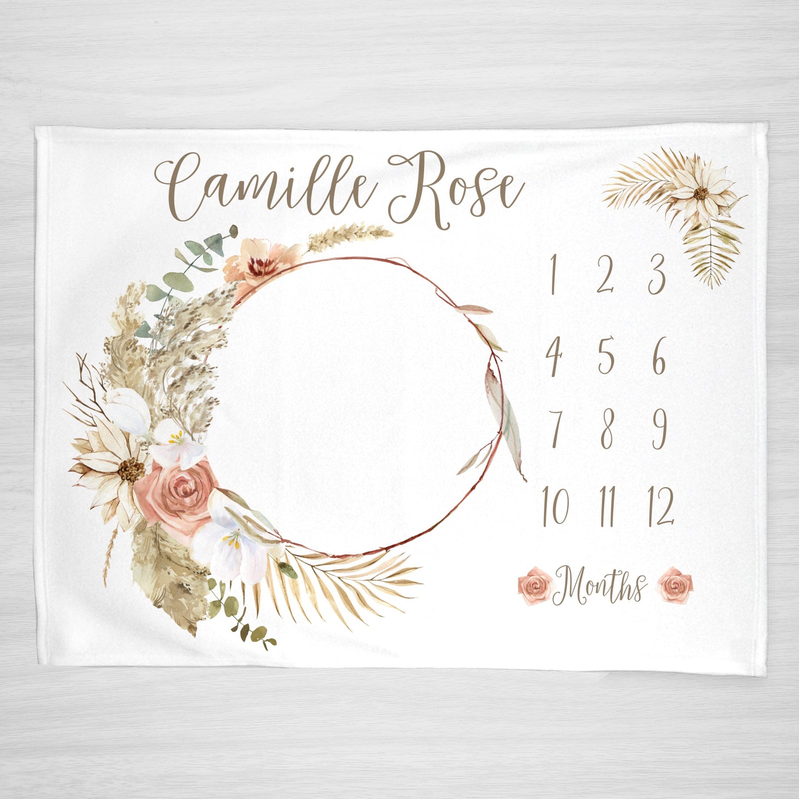 Boho floral baby girl milestone blanket with pampas grass, twigs, and roses