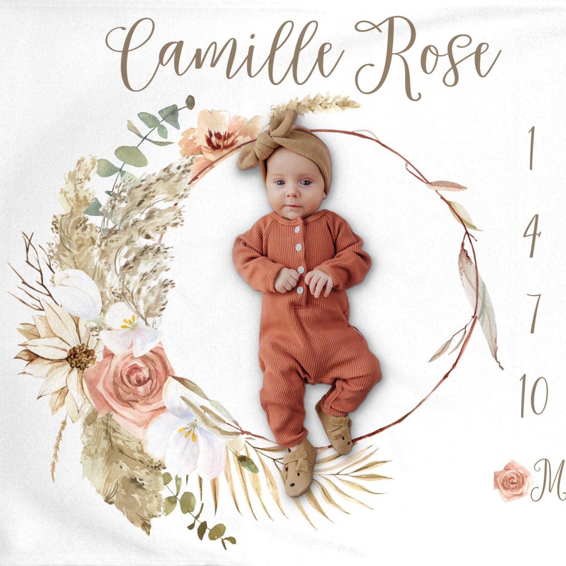 Boho floral baby girl milestone blanket with pampas grass, twigs, and roses
