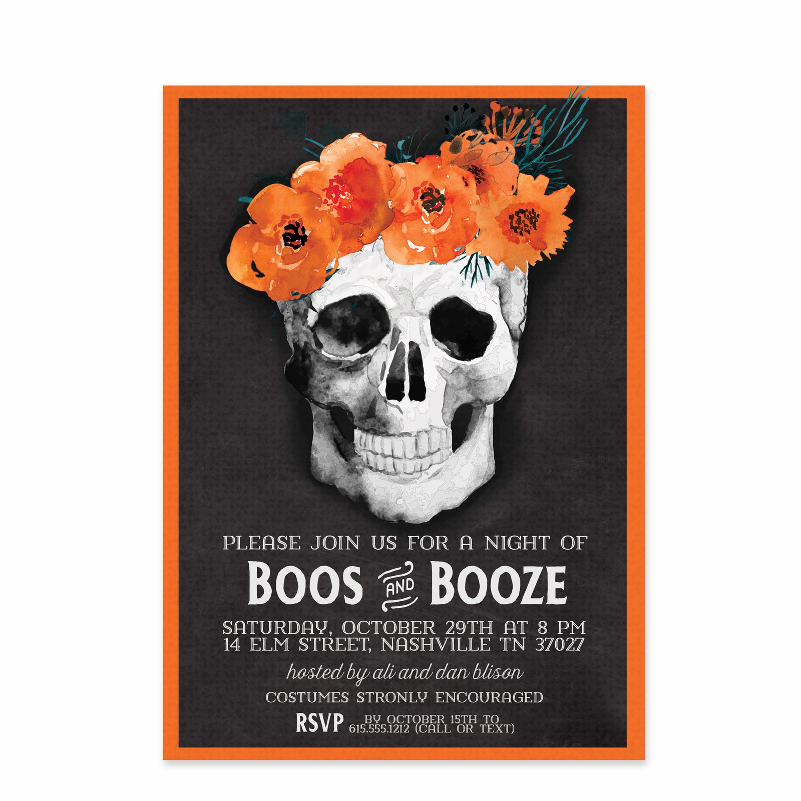 Boos & Brews Flowers and Skulls Halloween Party Invitation | PIPSY.COM | Watercolor Floral
