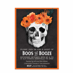 Boos & Brews Flowers and Skulls Halloween Party Invitation | Swanky Press | Front