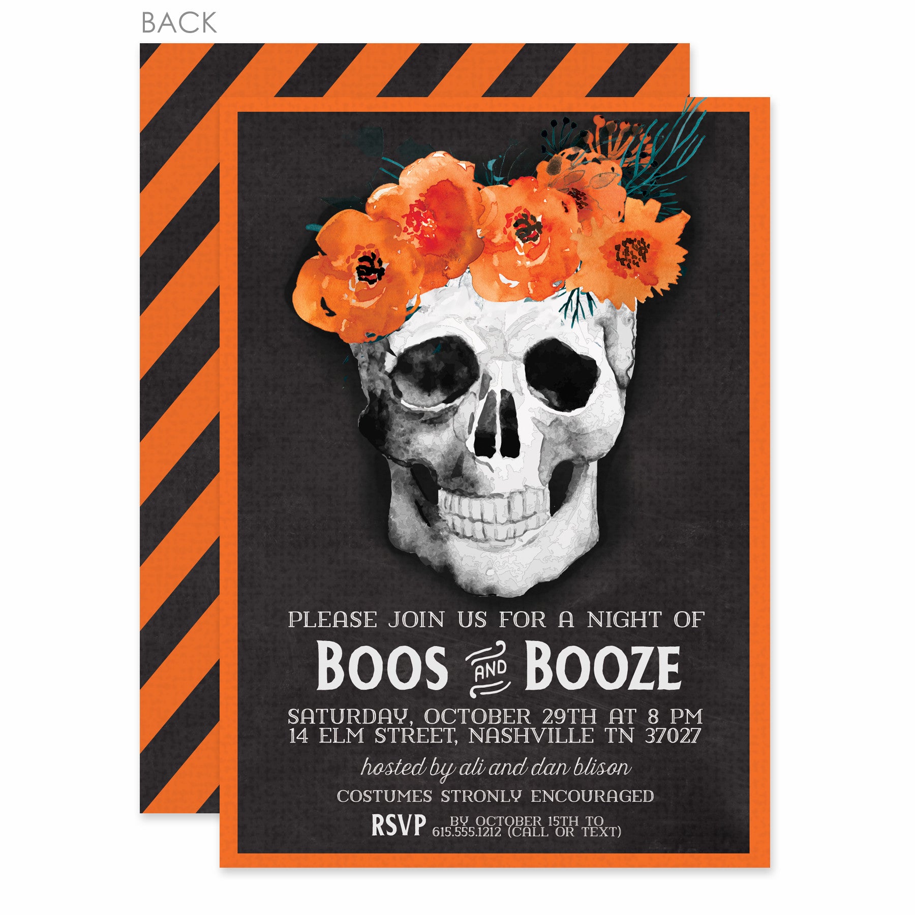 strapless open back dress Boos and Booze Skull Halloween Invitation (Printed)