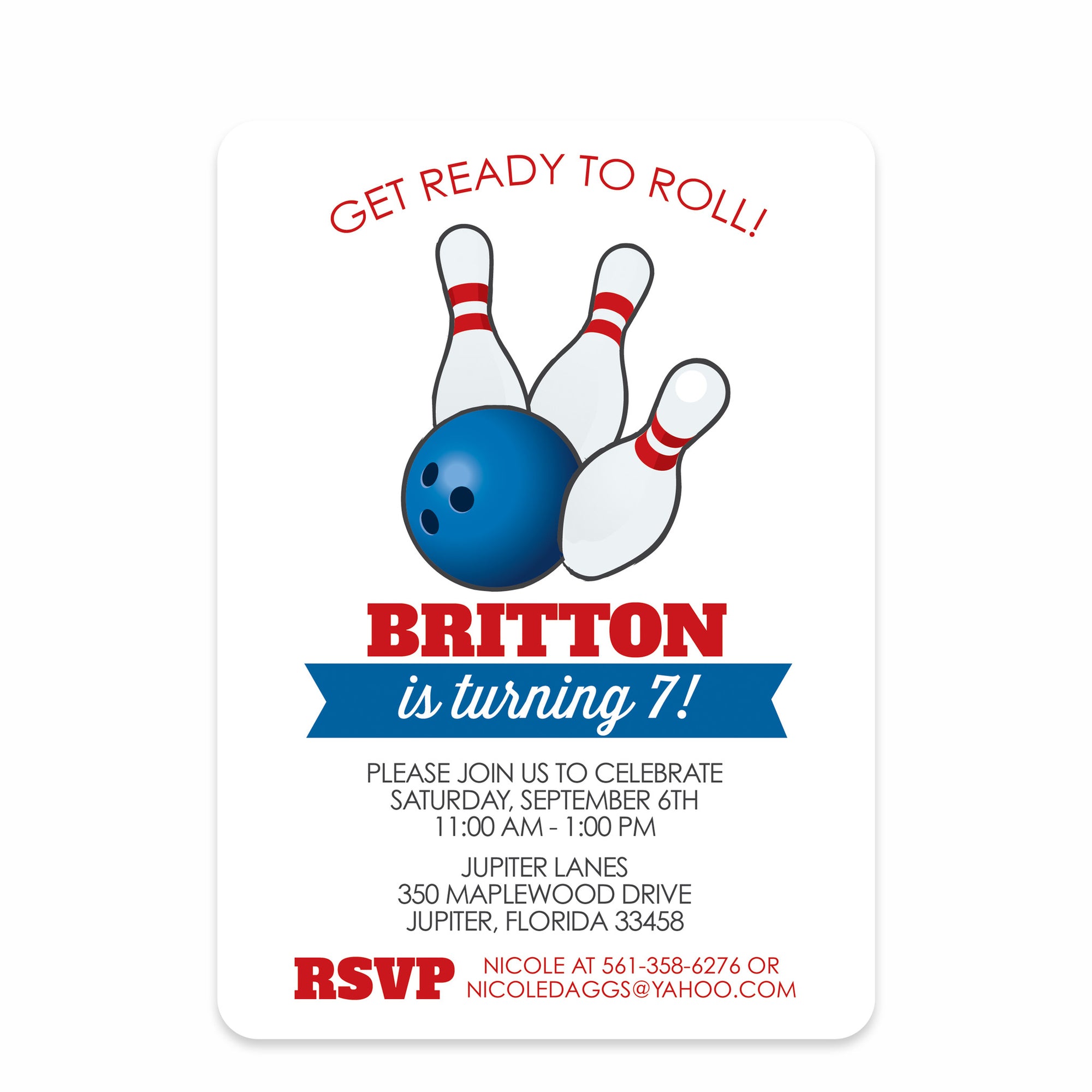 Blue & Red Stripes Bowling Party Birthday Invitation | Pipsy.com | Front