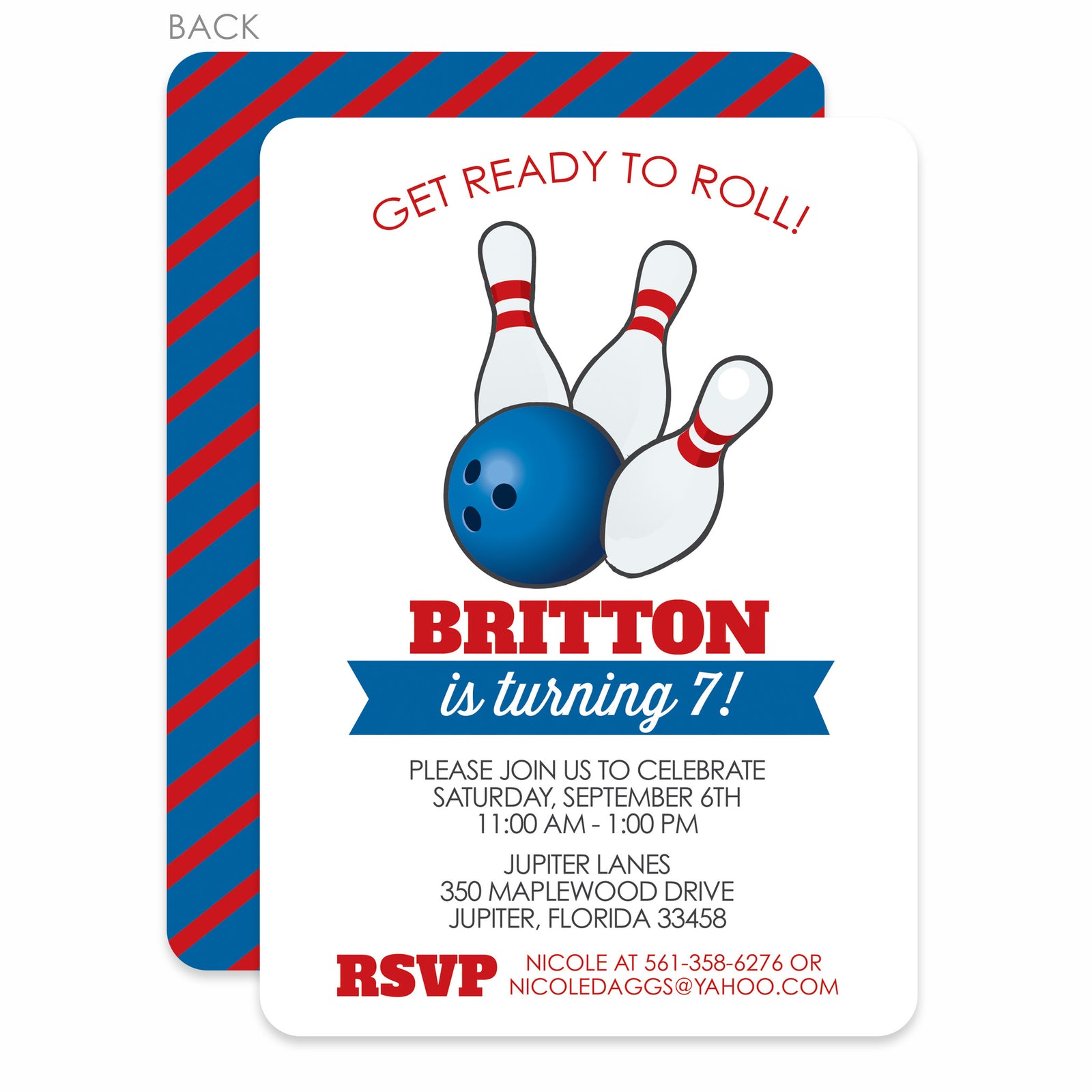 Bowling Party Birthday Invitation | Pipsy.com | Blue & Red Stripes