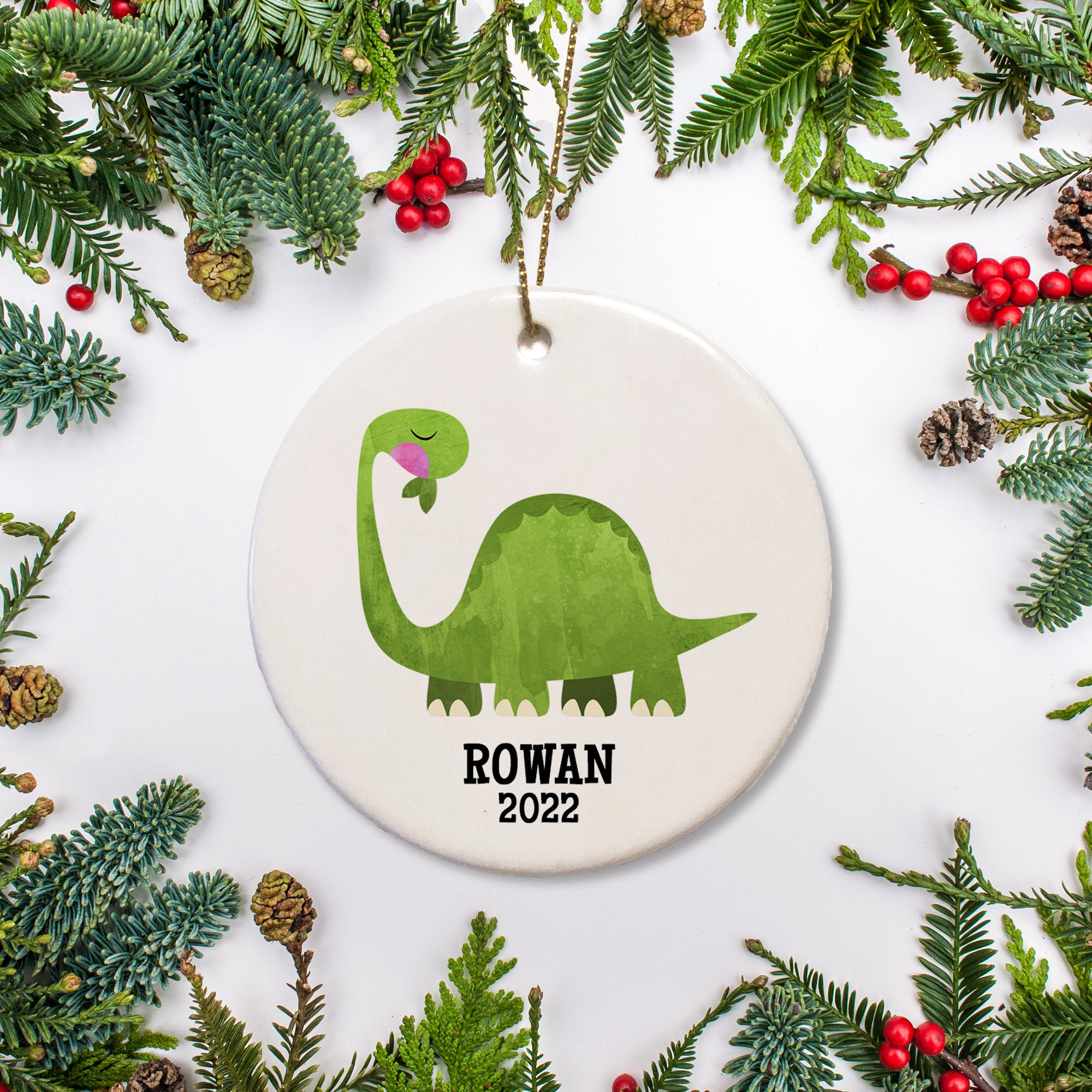 Green Brontosaurus Dinosaur Kids Personalized Christmas Ornament | Name and year in black block text | Pipsy.com