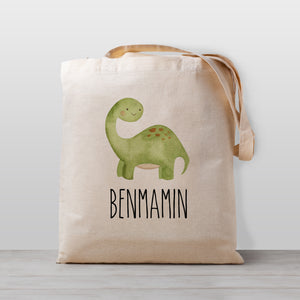 Kids Personalized dinosaur tote bag with a brontosaurus, 100% natural cotton canvas