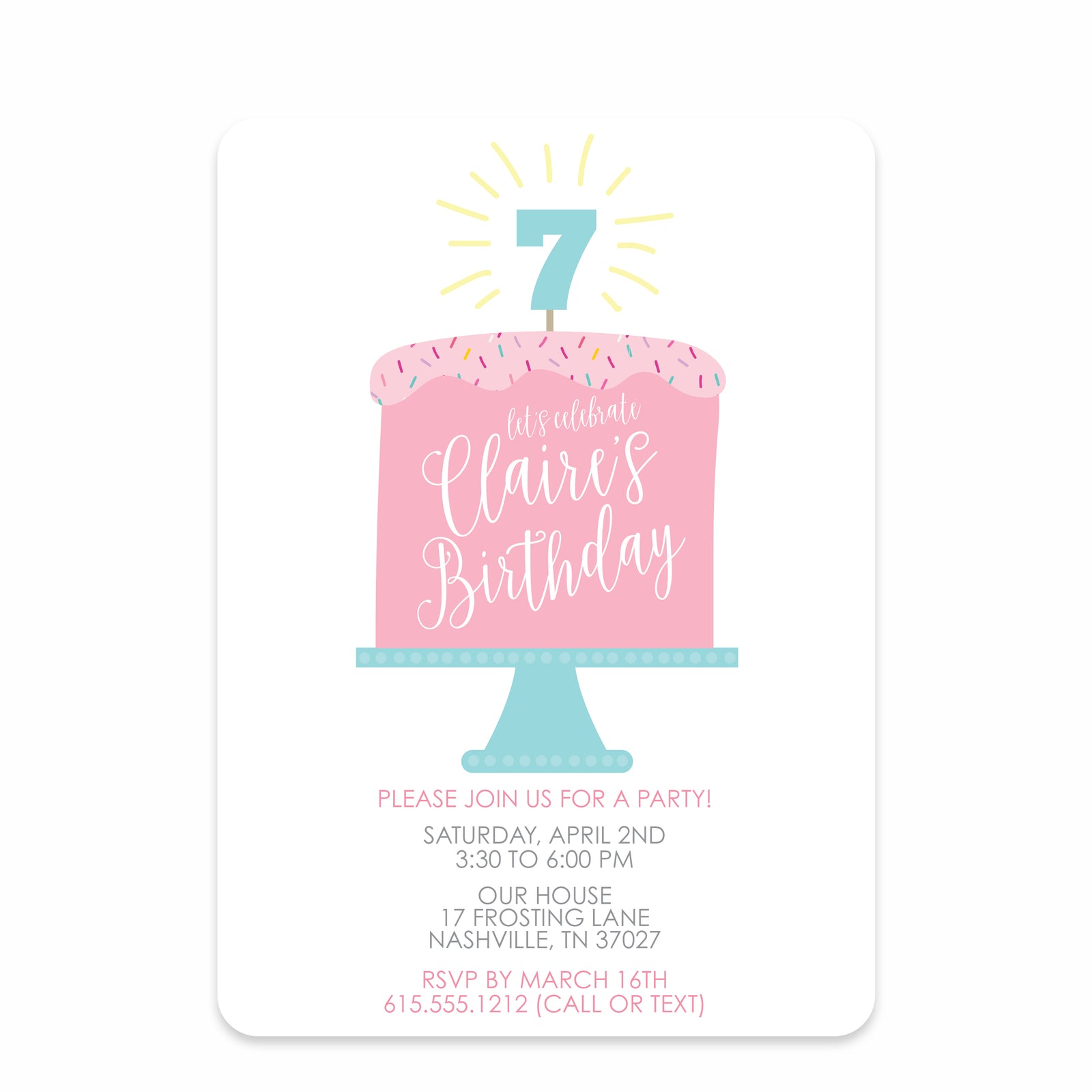 Pink Sprinkles Birthday Cake Girl Birthday Invitation, Premium Printed Cardstock, PIPSY.COM