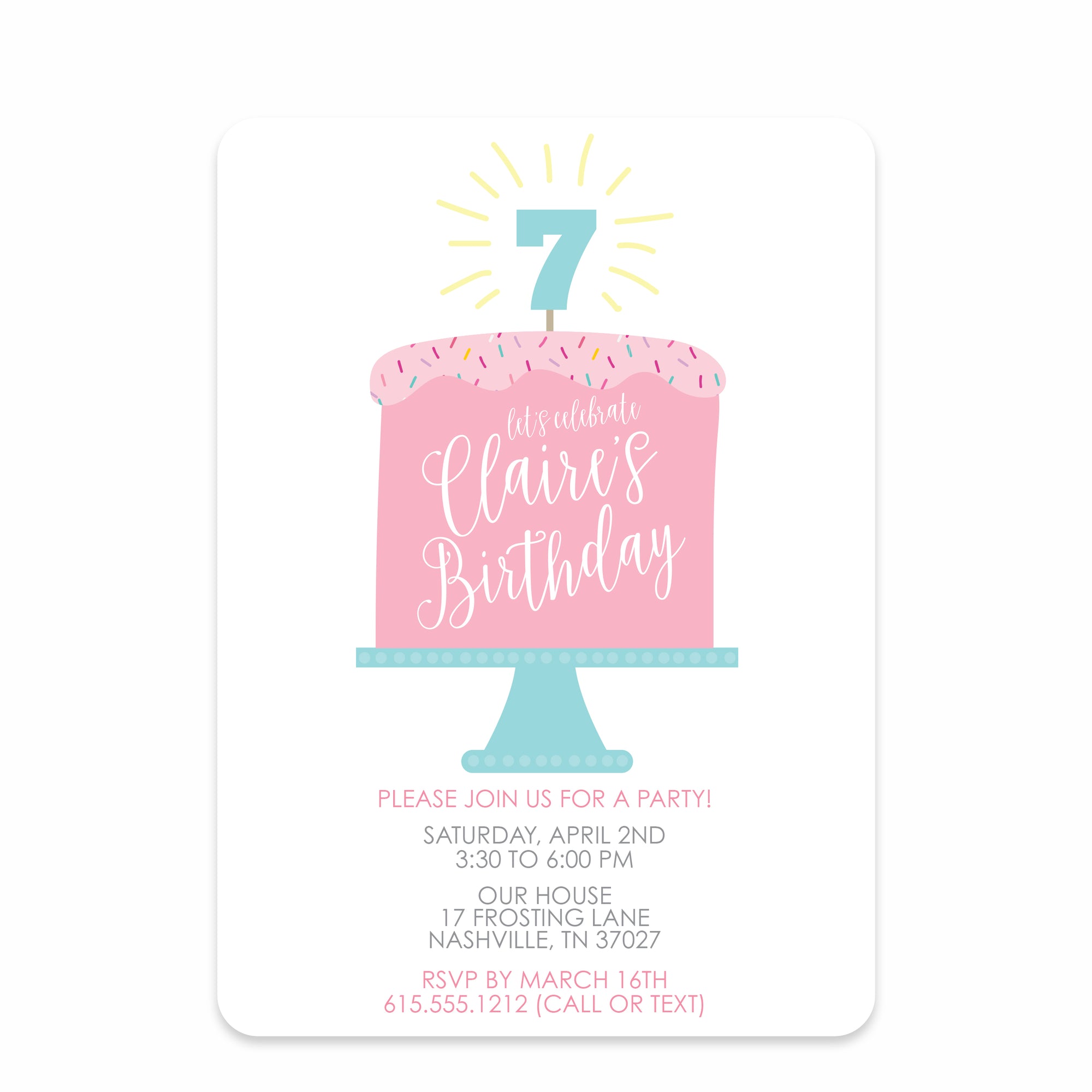 Pink Sprinkles Birthday Cake Girl Birthday Invitation, Premium Printed Cardstock, PIPSY.COM, front view