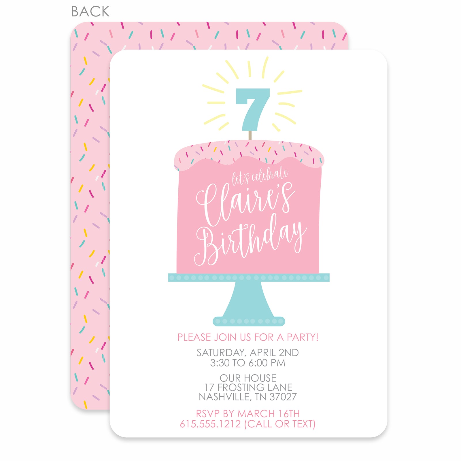 Pink Sprinkles Birthday Cake Girl Birthday Invitation, Premium Printed Cardstock, PIPSY.COM