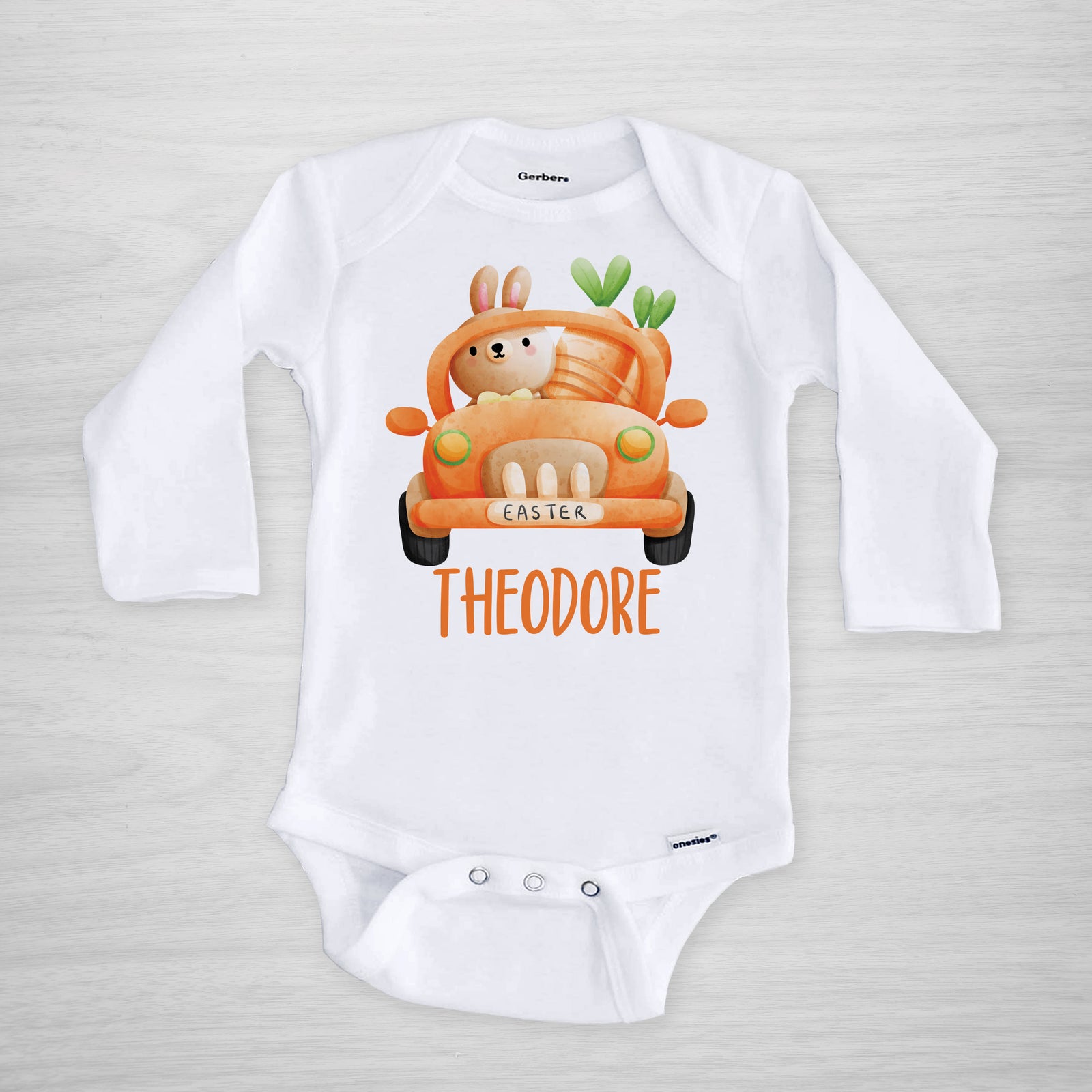 Carrot Car Easter Personalized Gerber Onesie, long sleeved