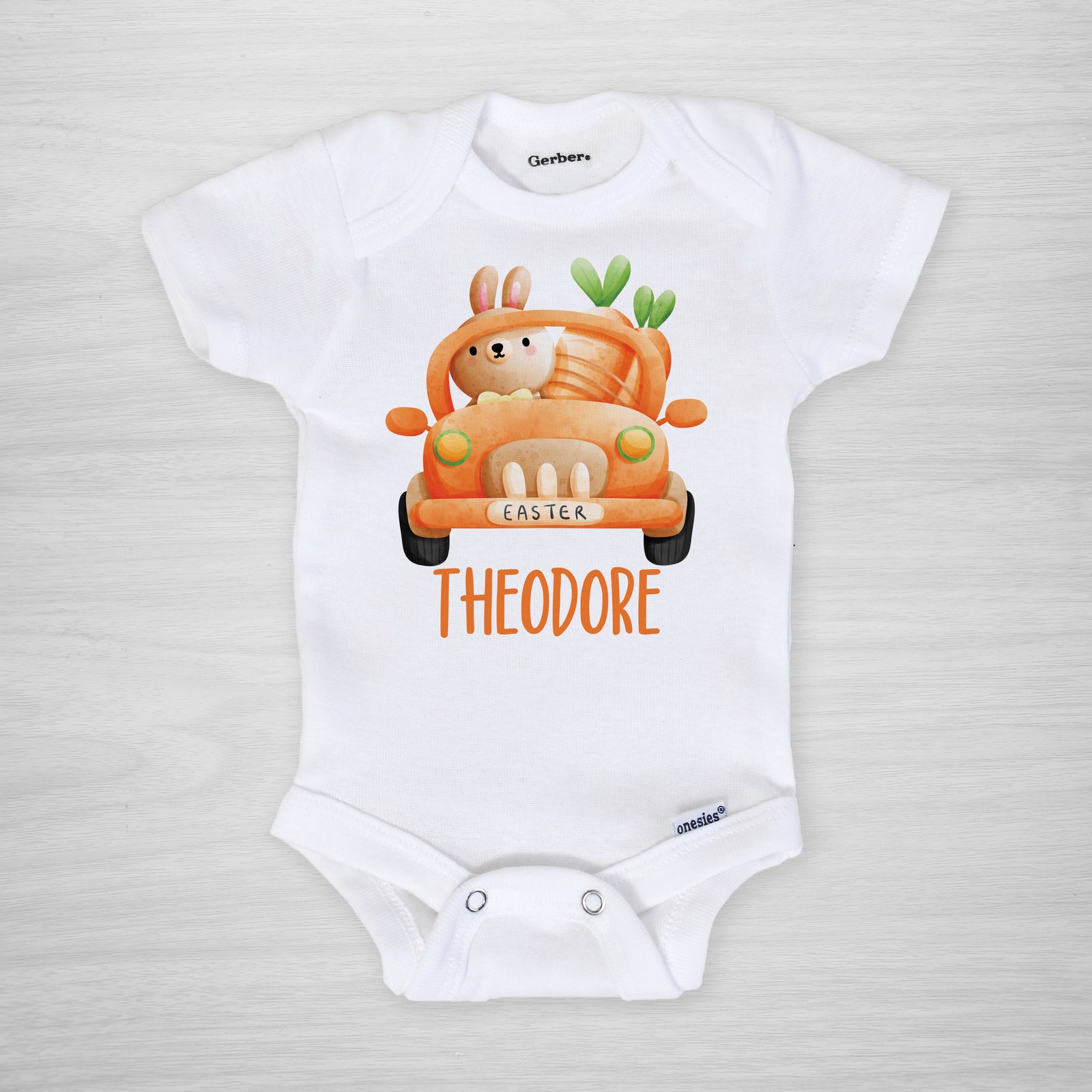 Carrot Car Easter Personalized Gerber Onesie, long sleeved