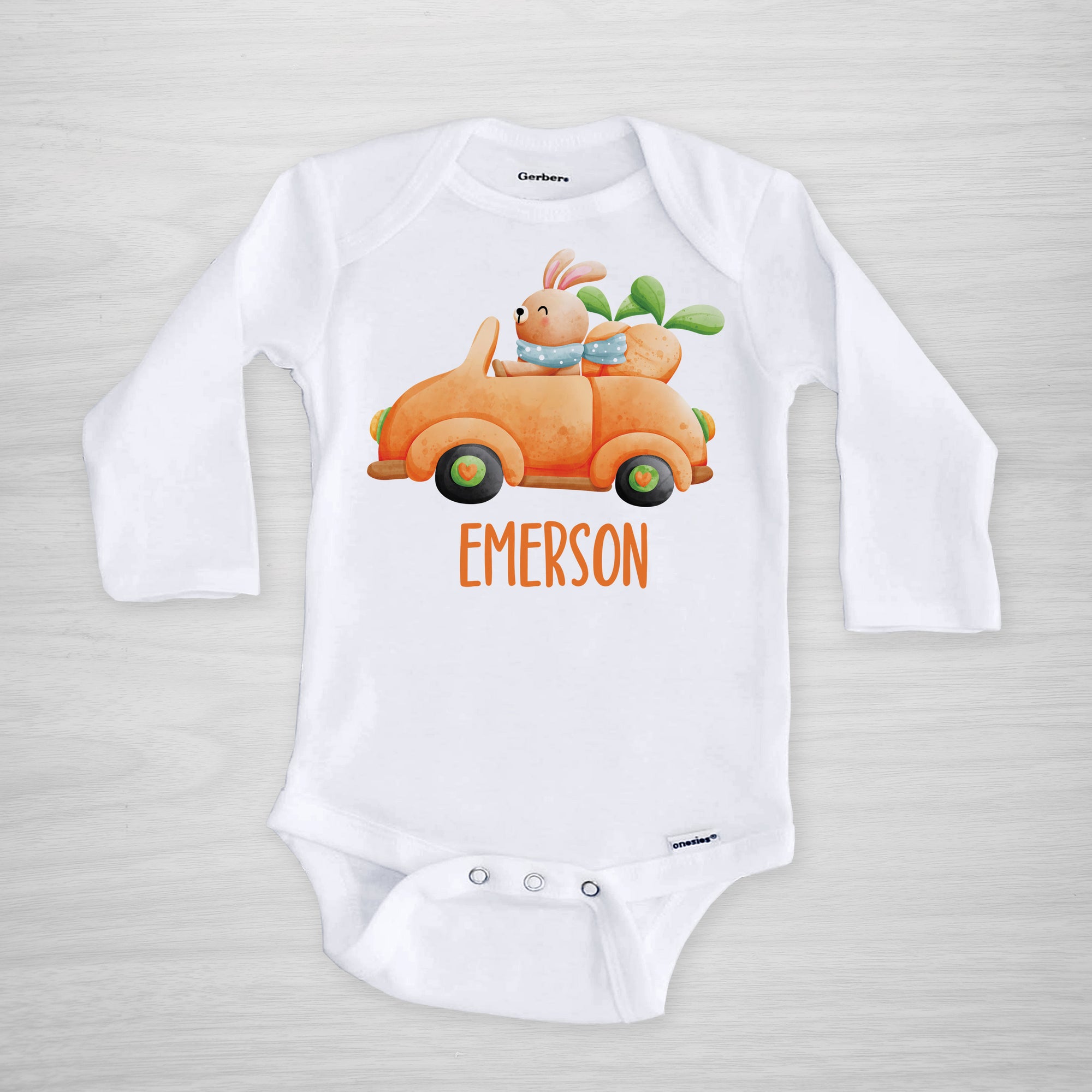 Carrot Convertible Car Easter Personalized Gerber Onesie, long sleeved