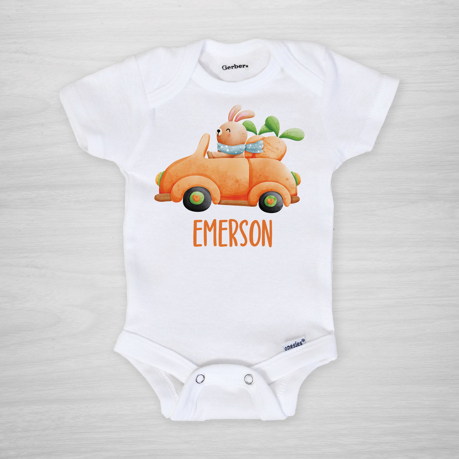 Carrot Car Easter Personalized Gerber Onesie, short sleeved
