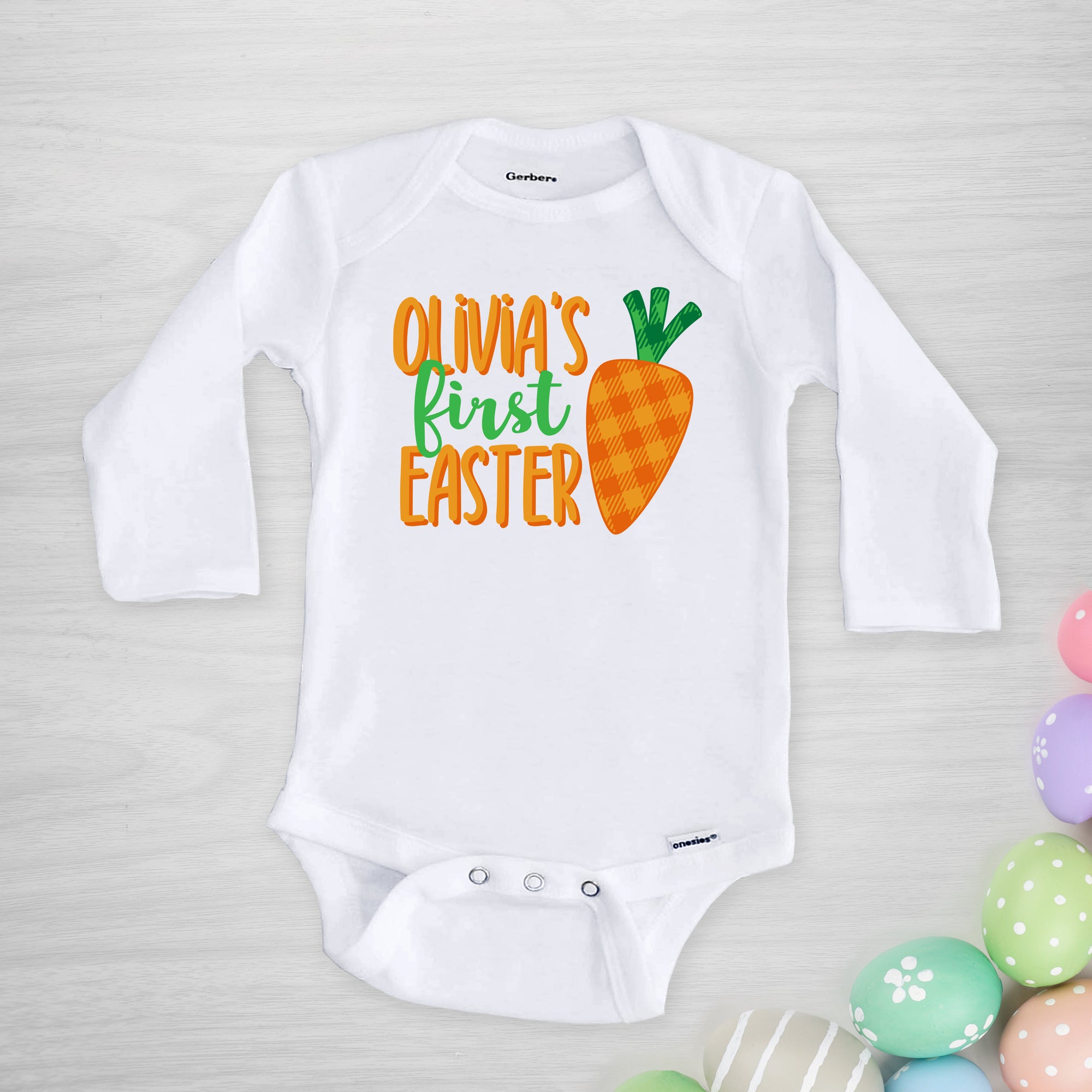Personalized First Easter Onesie with a cute gingham carrot, PIPSY.COM long sleeved