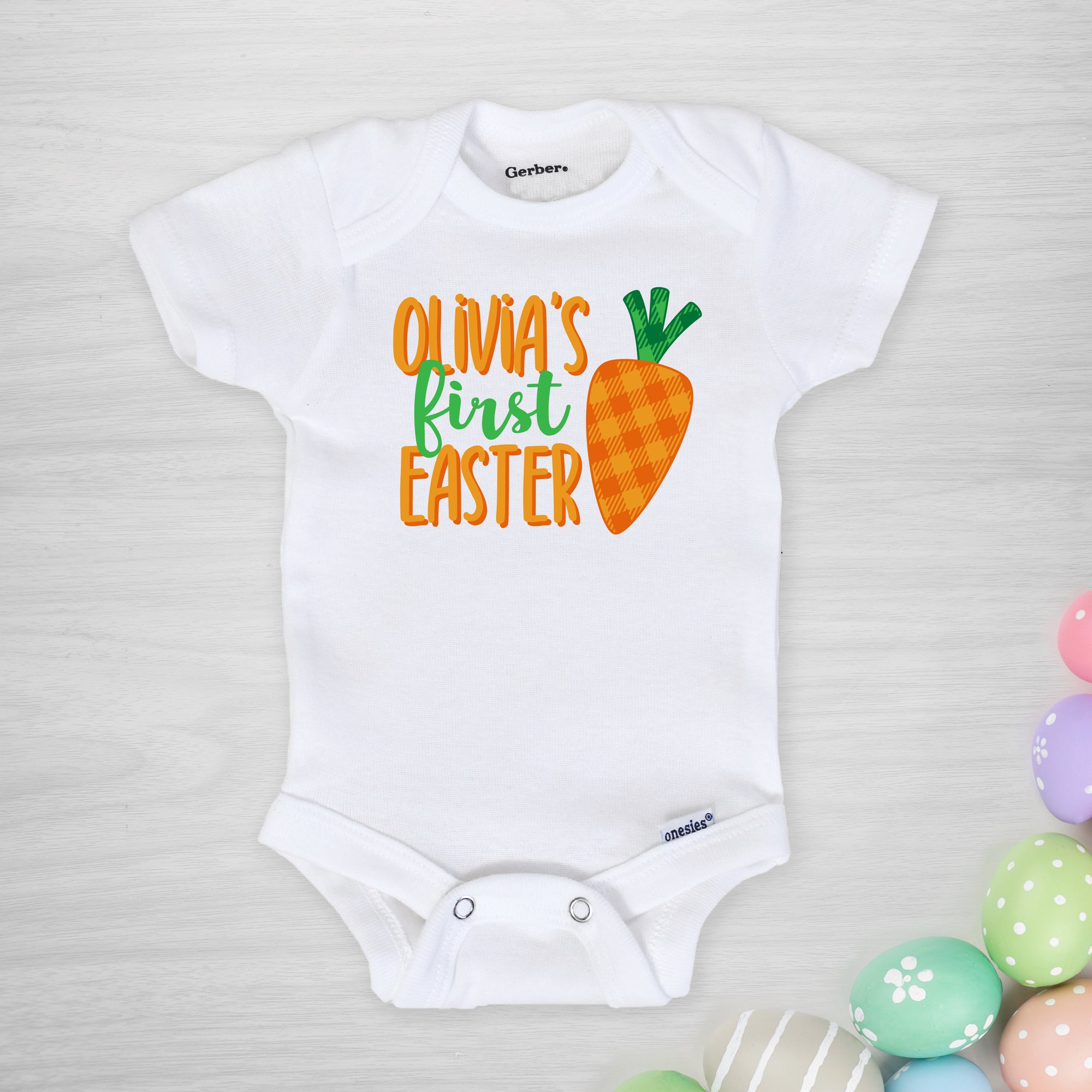 Personalized First Easter Onesie with a cute gingham carrot, PIPSY.COM short sleeved