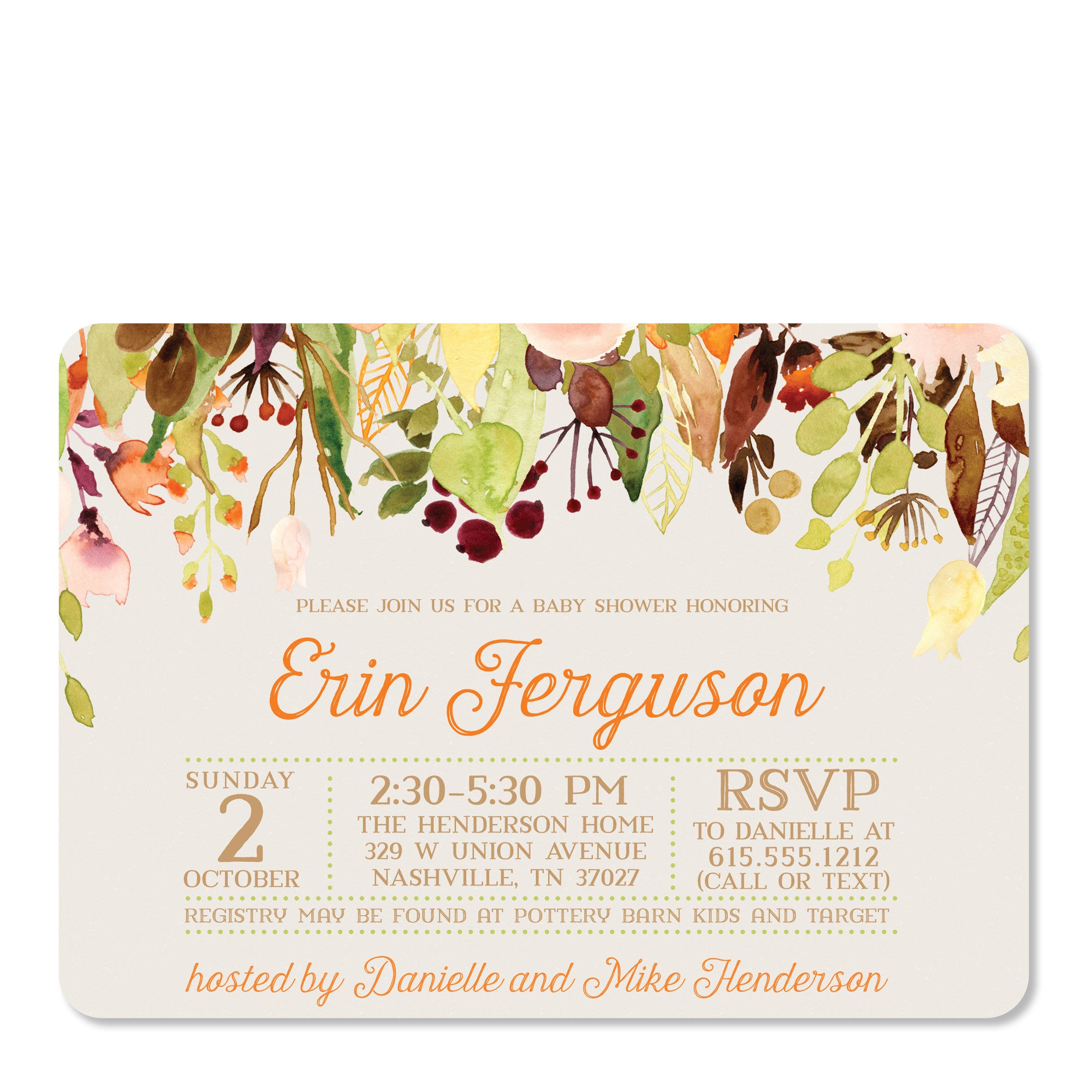 Cascading Flowers Baby Shower Invitation in Watercolor | Swanky Press (front view)