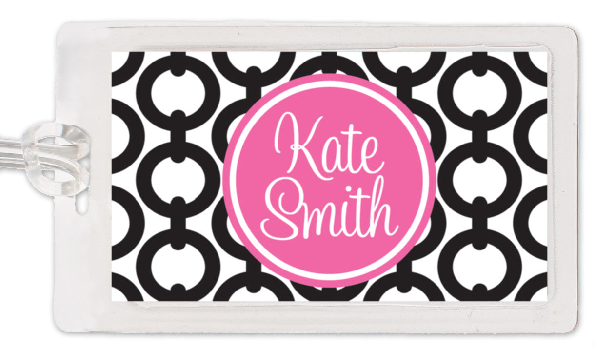 Black chain pattern with name feature in hot pink bag tag
