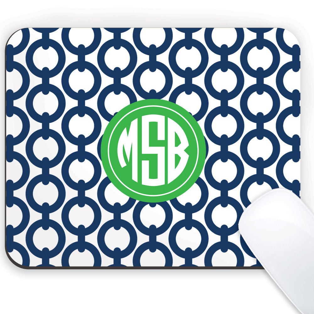 Navy chain with green monogram medallion mousepad