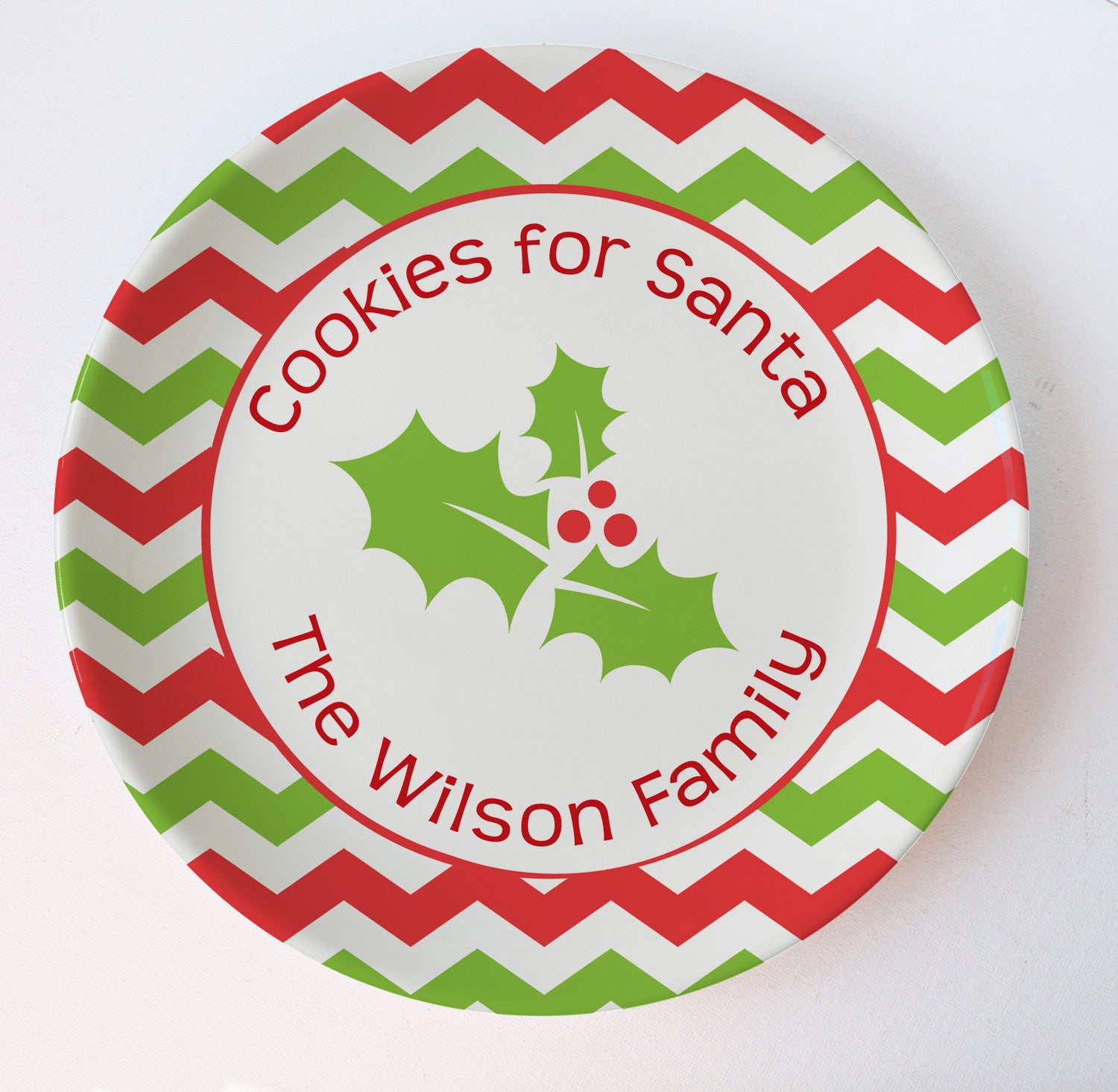 Chevron in red and green Christmas melamine plate