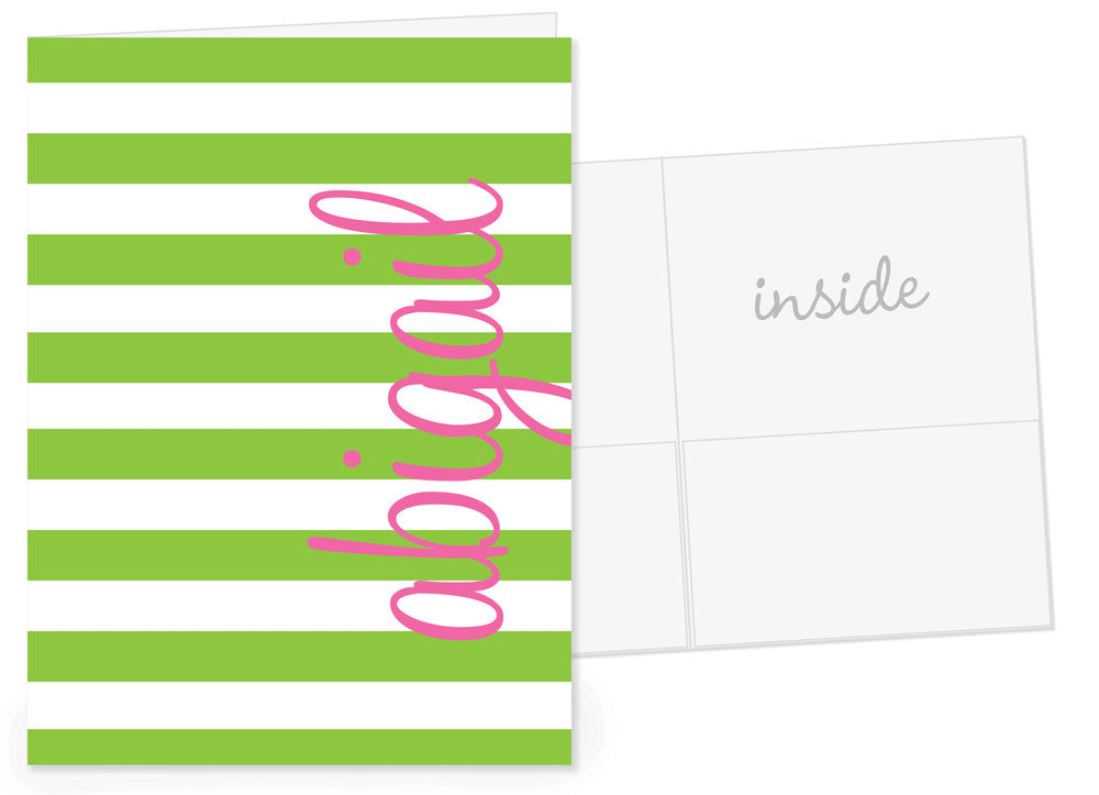 Chunky stripes in green with hot pink dot for name pocket folder