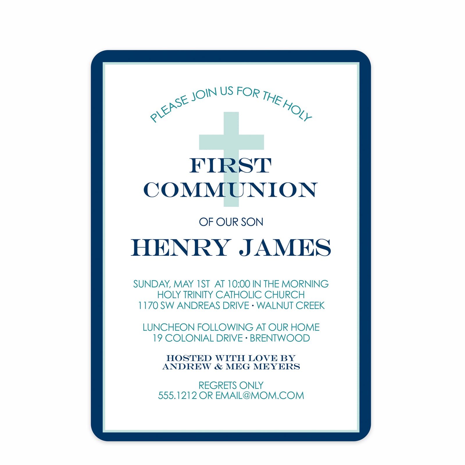 Classic cross first communion invitation in blue and green diagonal stripes