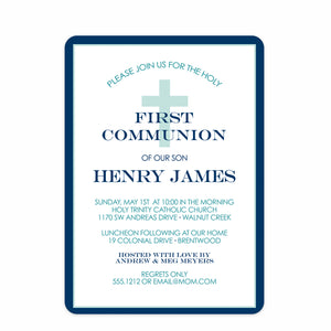 Classic cross first communion invitation in blue and green diagonal stripes, front