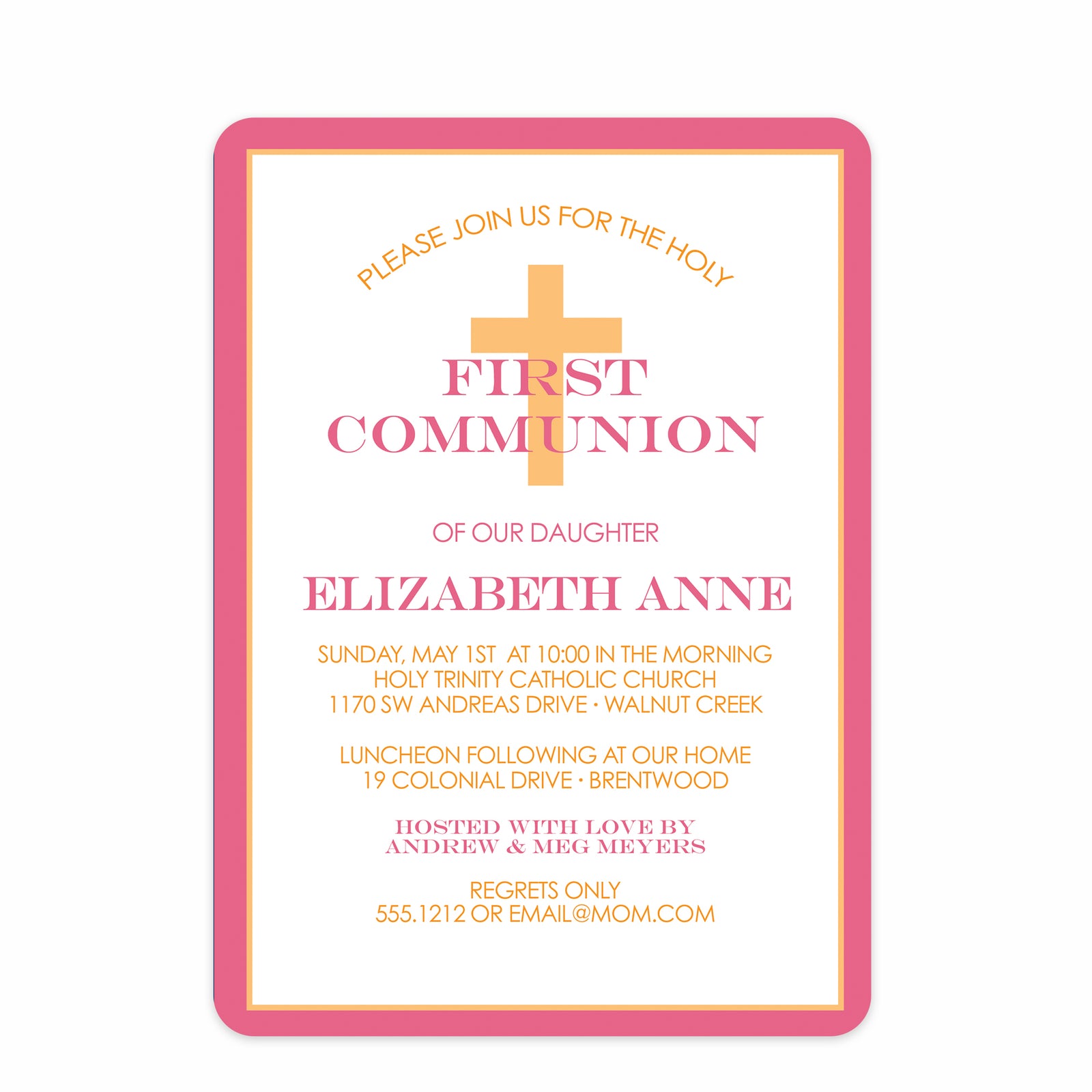 Classic cross first communion invitation in pink and gold diagonal stripes
