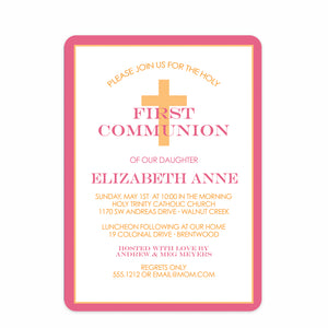 Classic cross first communion invitation in pink and gold diagonal stripes, front