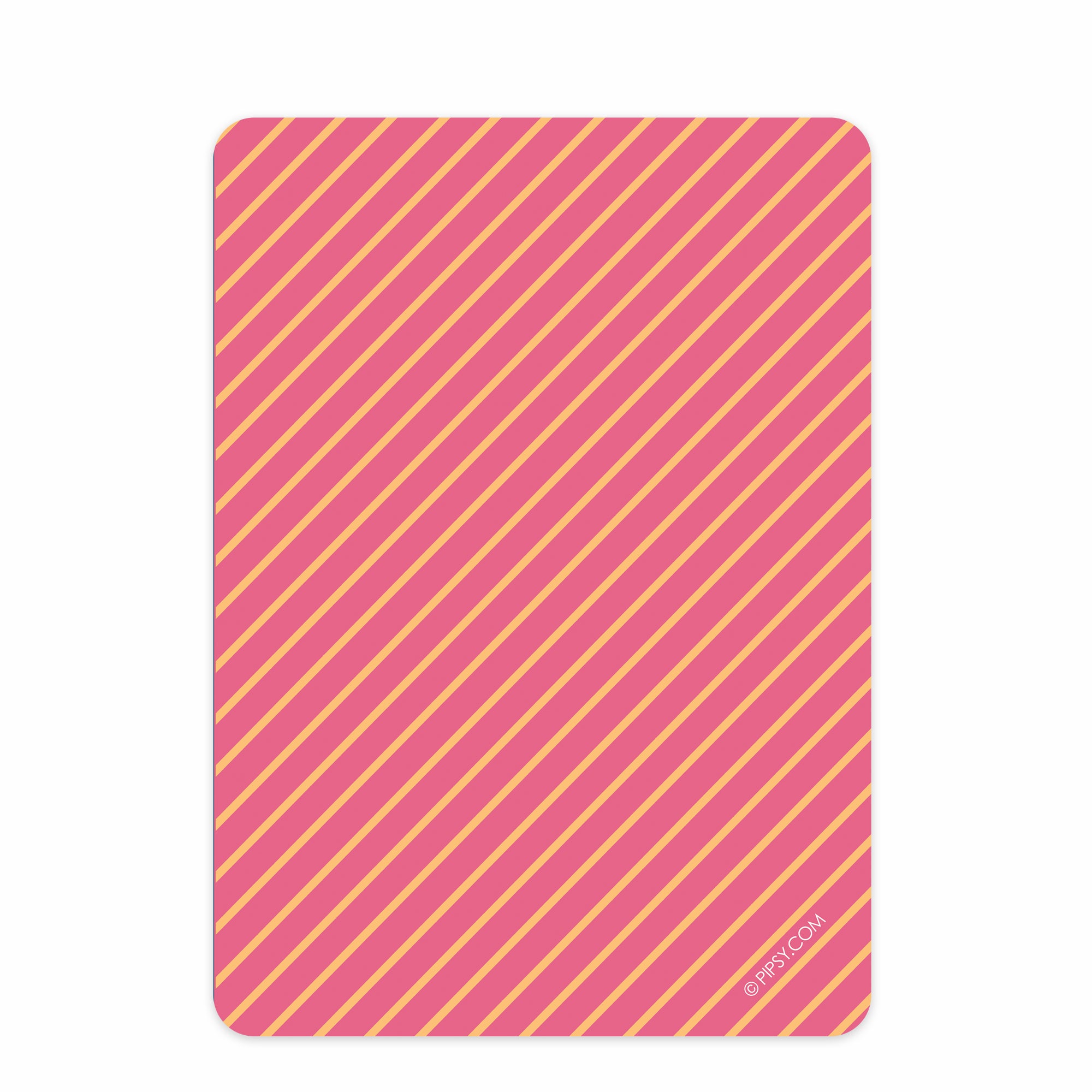 Classic cross first communion invitation in pink and gold diagonal stripes, back