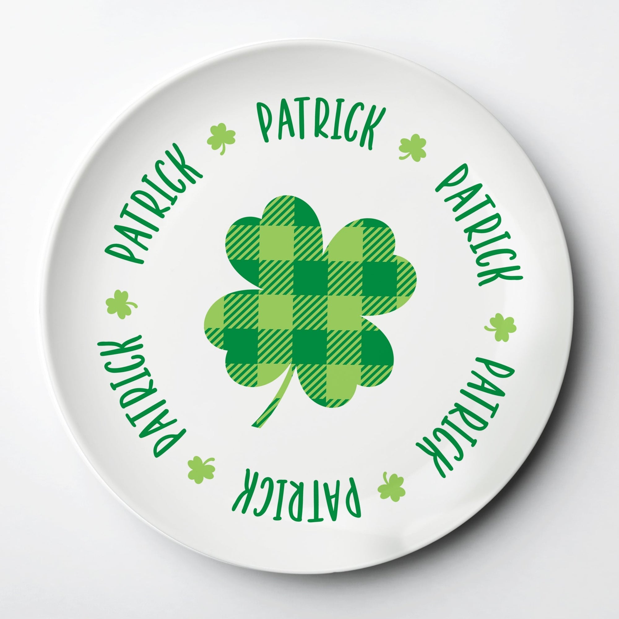St. Patrick's Day plaid shamrock, clover, ThermoSāf® kids reusable plate, microwave, dishwasher and oven safe.  Made in the USA, Pipsy.com