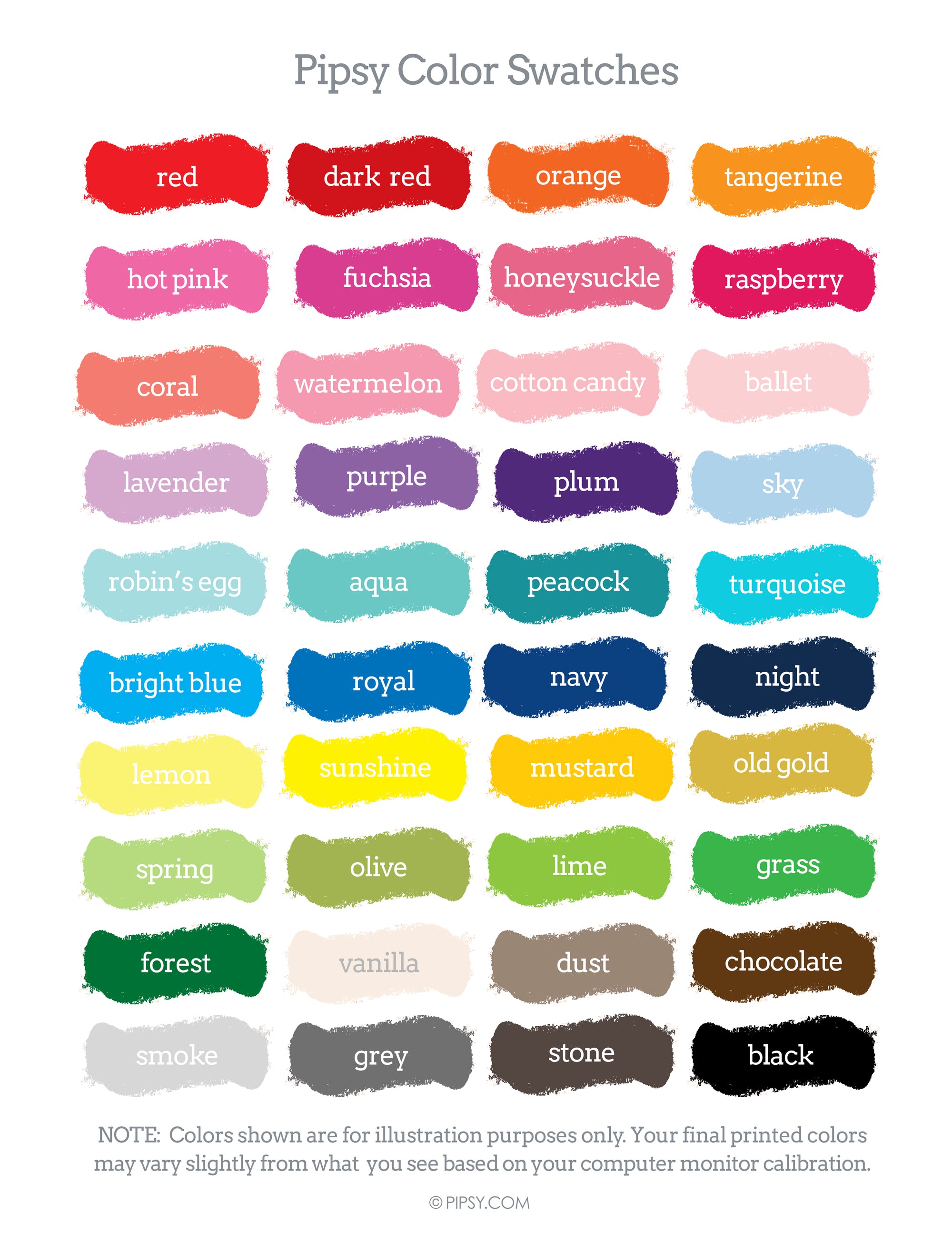 Pipsy Color Swatch Sheet