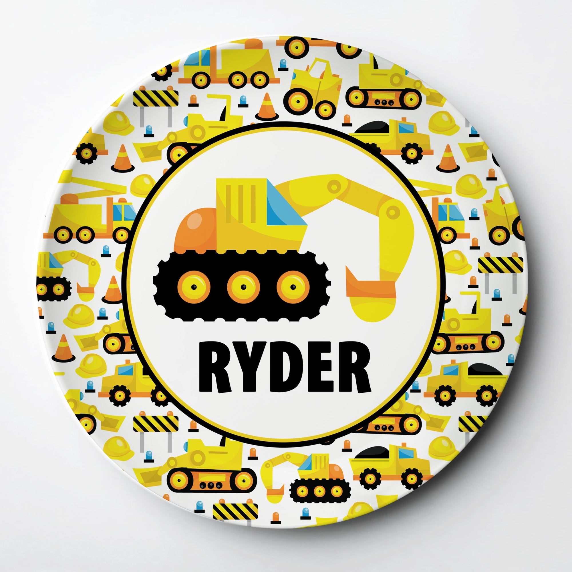Backhoe Construction Personalized Plate. Thick polymer plate is reusable and lasts for years, microwave, dishwasher, and oven safe