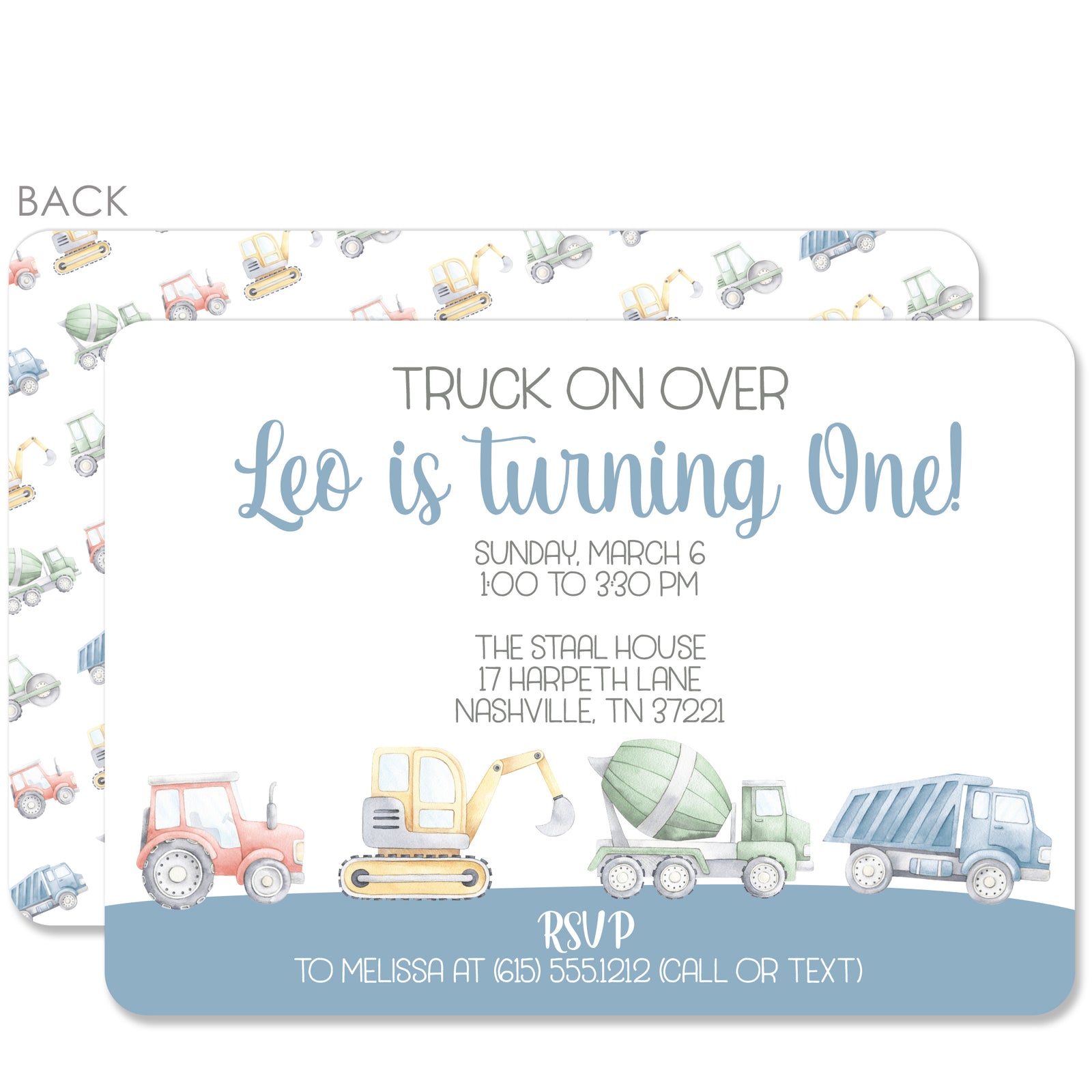 Watercolor Truck Construction Birthday Invitation, Premium Printed Cardstock
