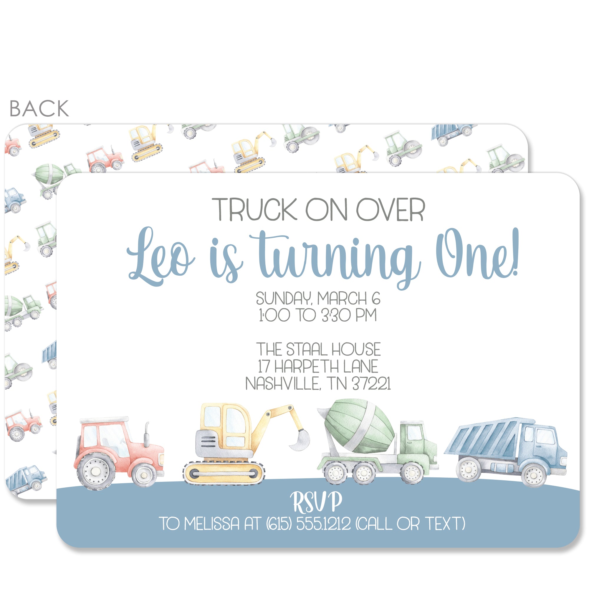 Watercolor Truck Construction Birthday Invitation, Premium Printed Cardstock