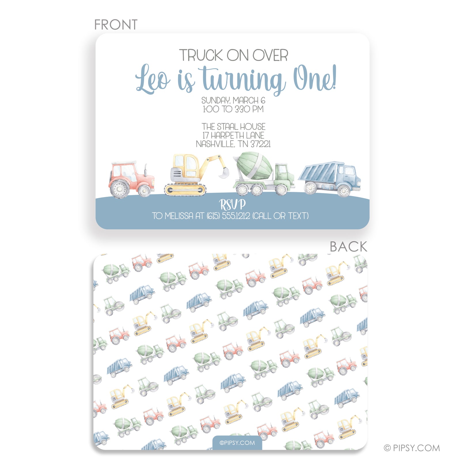 Watercolor Truck Construction Birthday Invitation, Premium Printed Cardstock