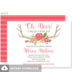 Girl Baby Shower Oh Deer Invitations in Coral | Templett Invitation | Fully Editable Instant Download | PIPSY.COM
