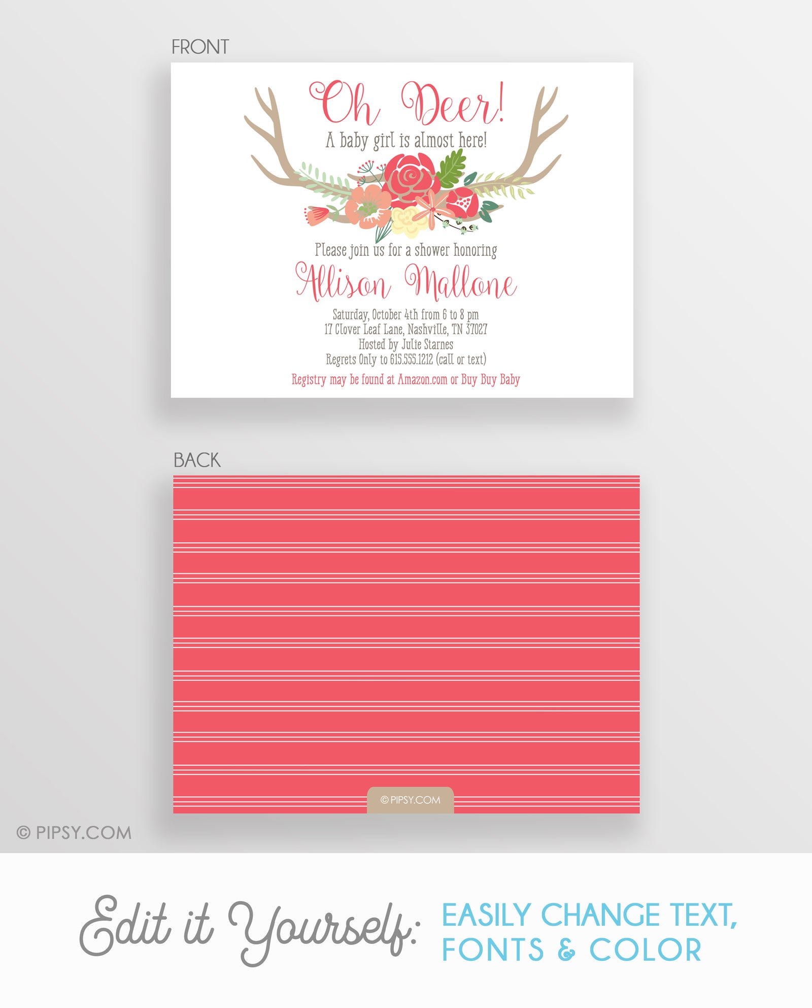 Girl Baby Shower Oh Deer Invitations in Coral | Templett Invitation | Fully Editable Instant Download | PIPSY.COM