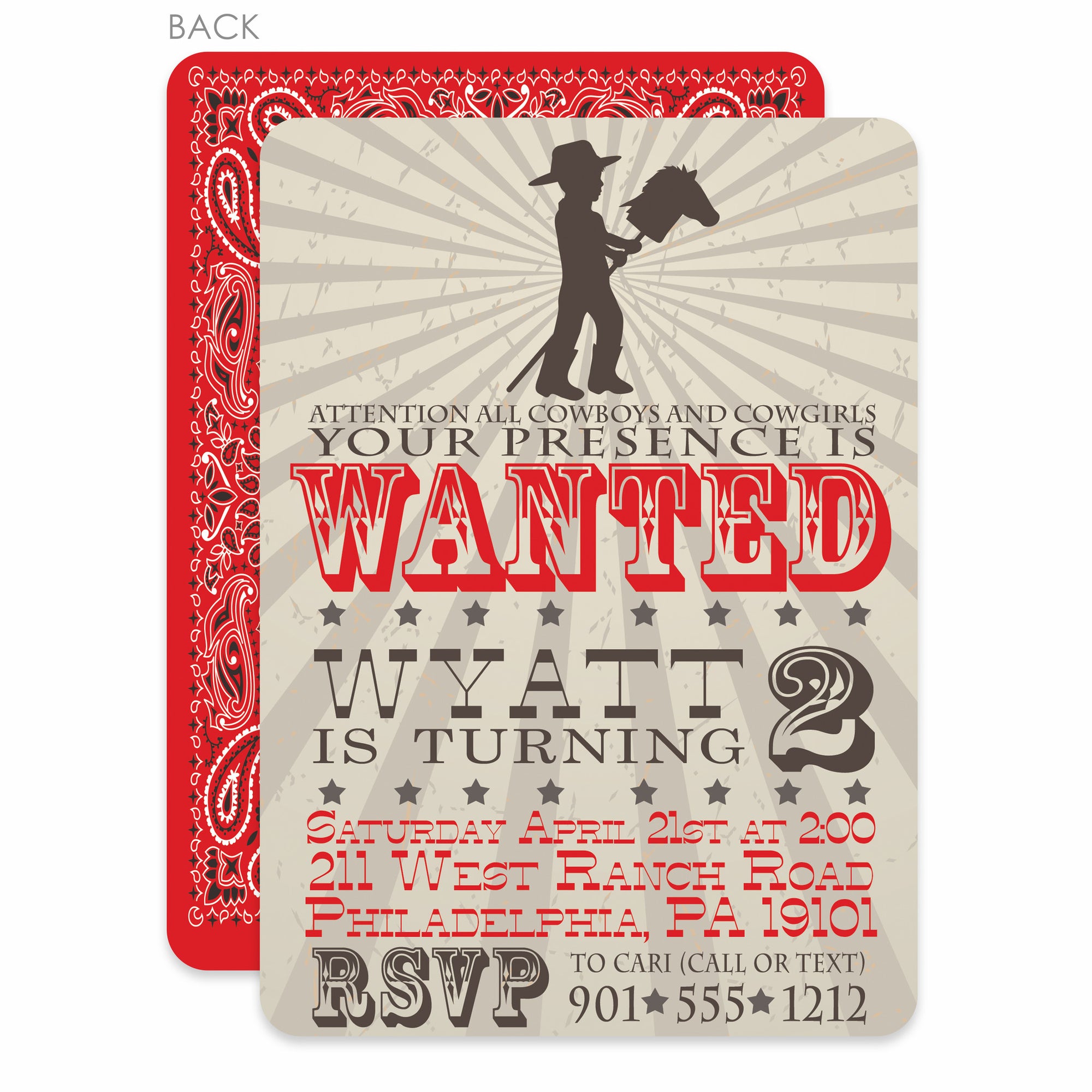 Stick Horse Cowboy Invitation | Pipsy.com | Red, printed on heavy cardstock with fun western styling