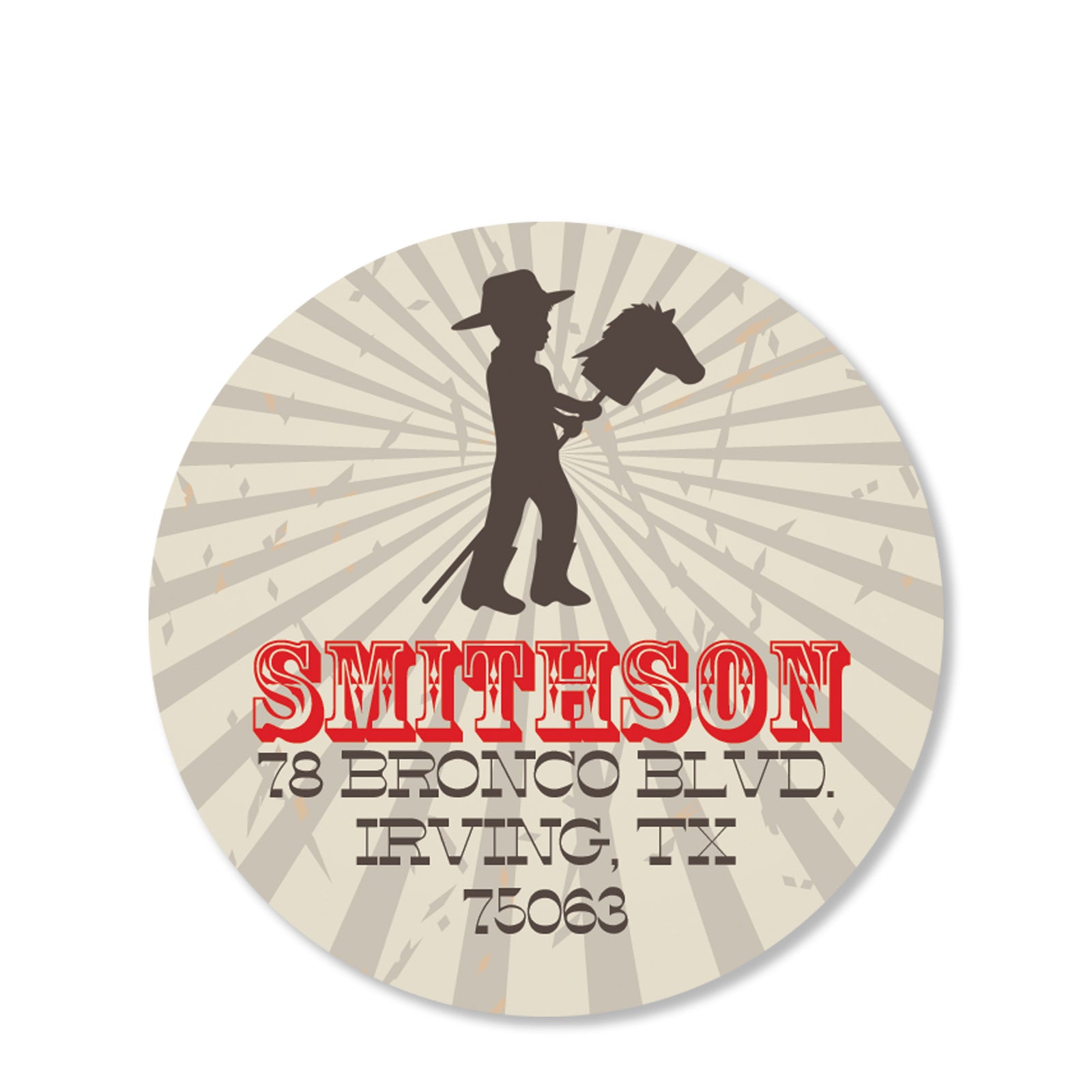 Cowboy and Stick Horse Return Address Sticker | Swanky Press | Round