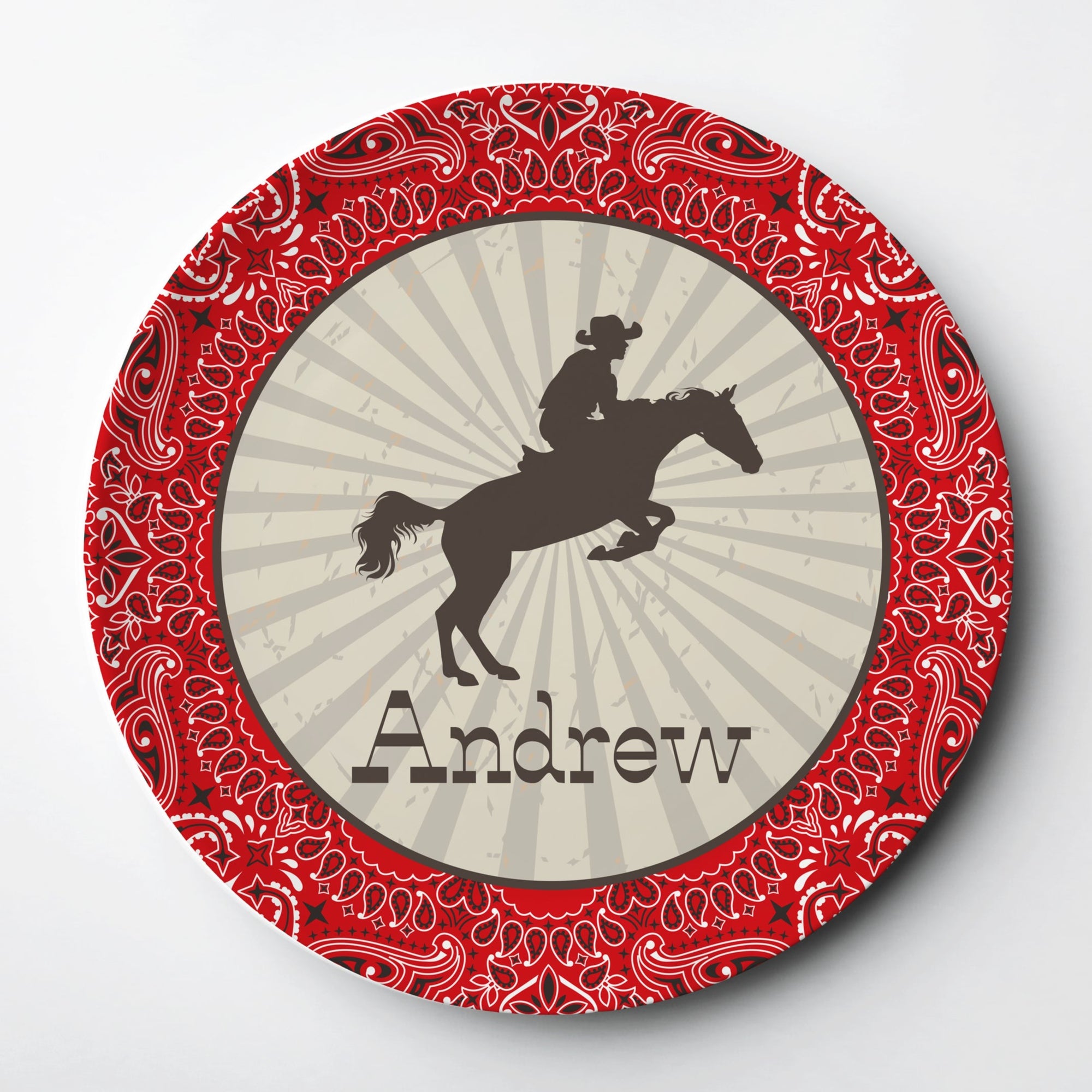 Personalized cowboy plate, ThermoSāf®, dishwasher safe, Pipsy.com, bucking bronco with a bandana pattern