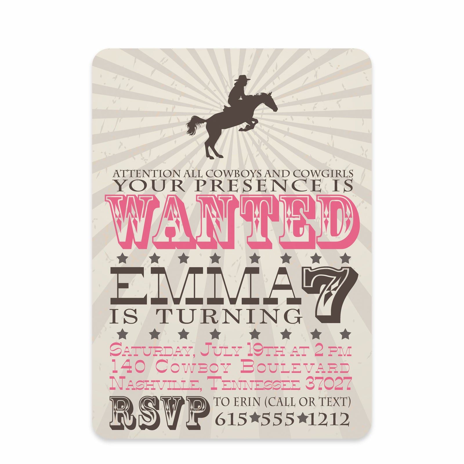 Cowgirl Western Birthday Invitation, Printed on heavy cardstock with a pink bandana design on the back, from Pipsy.com