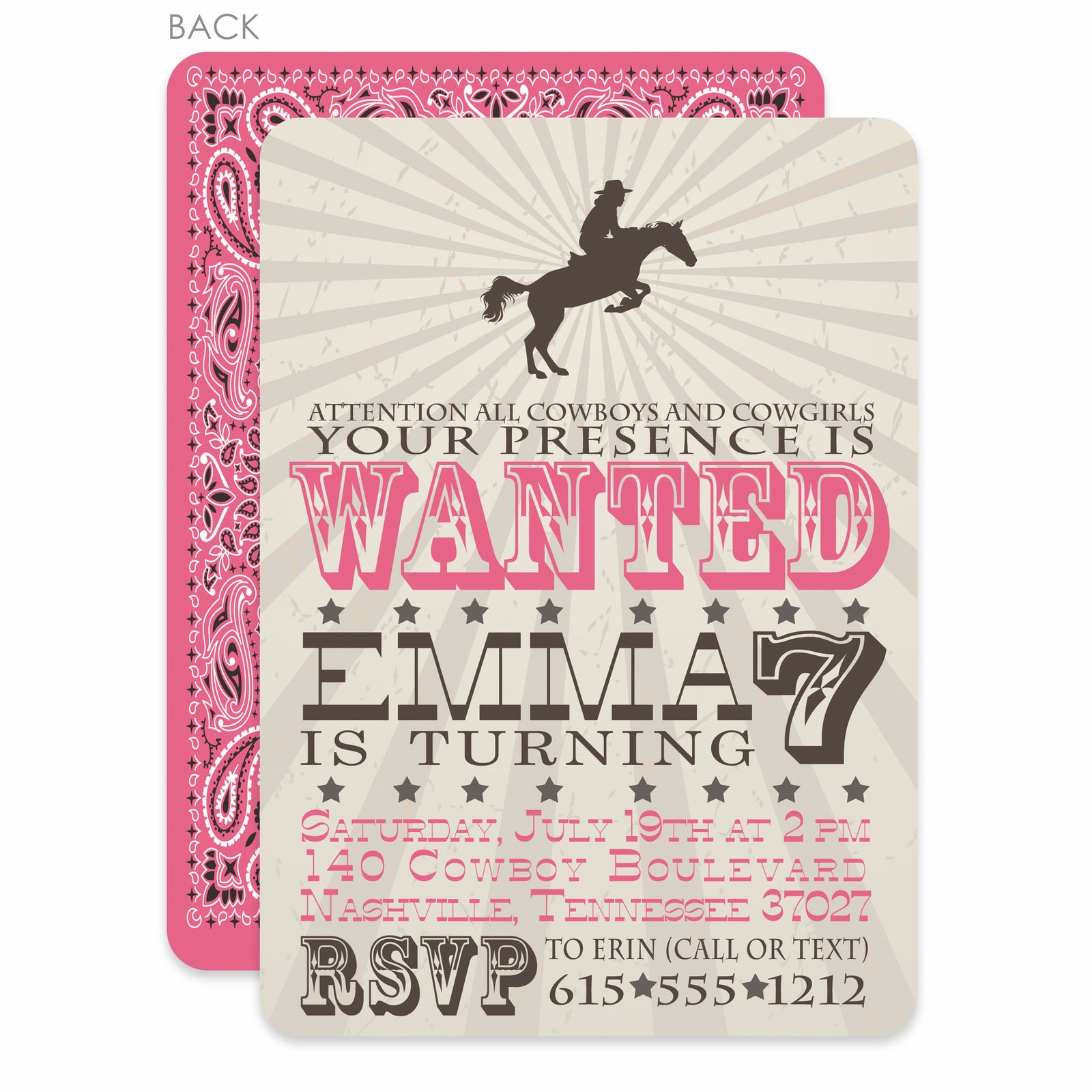 Cowgirl Western Birthday Invitation, Printed on heavy cardstock with a pink bandana design on the back, from Pipsy.com