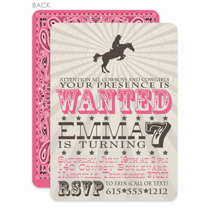 Cowgirl Western Birthday Invitation, Printed on heavy cardstock with a pink bandana design on the back, from Pipsy.com
