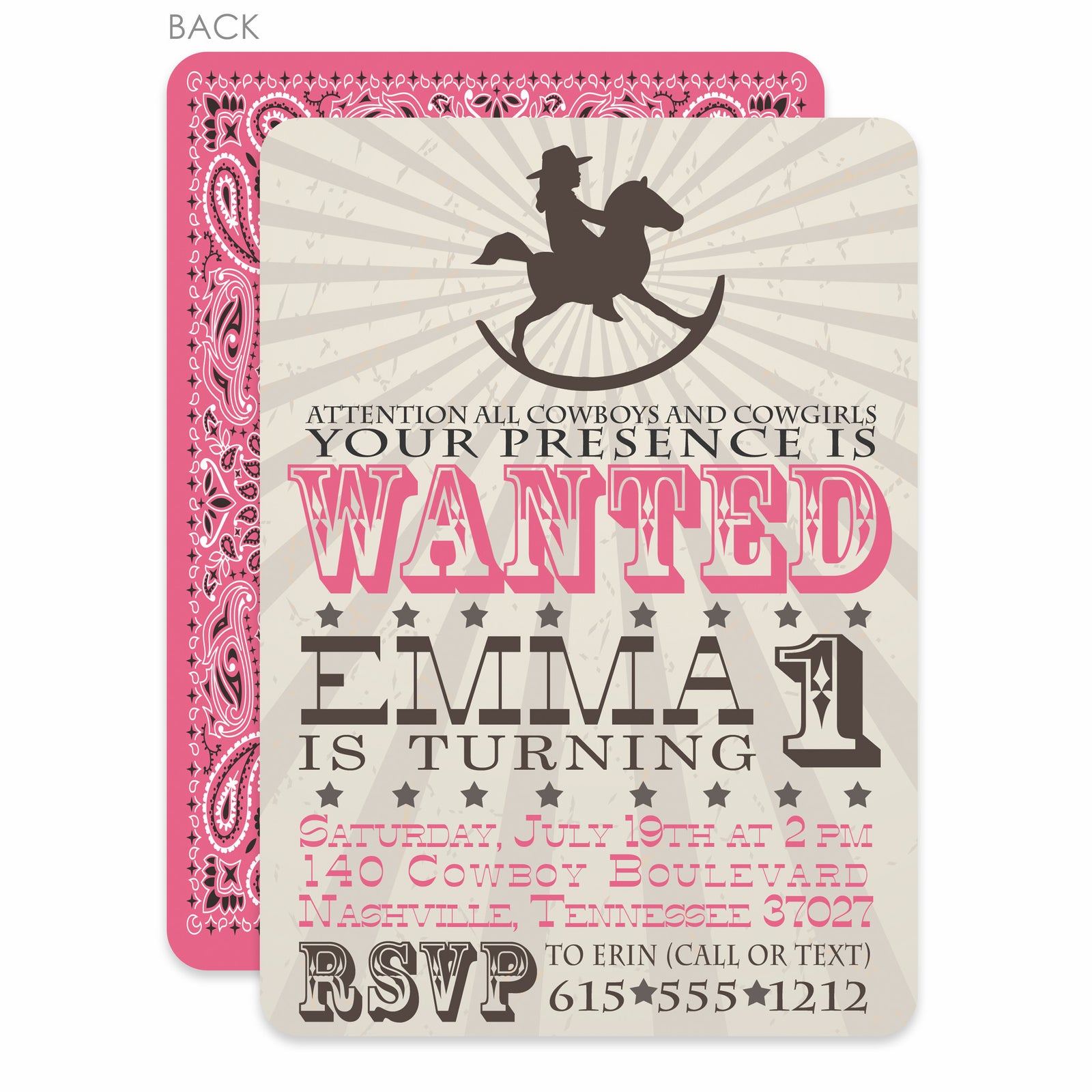 Cowboy on a rocking horse Birthday Invitation, Western Bandana design, Premium Heavy Cardstock, Pipsy.com