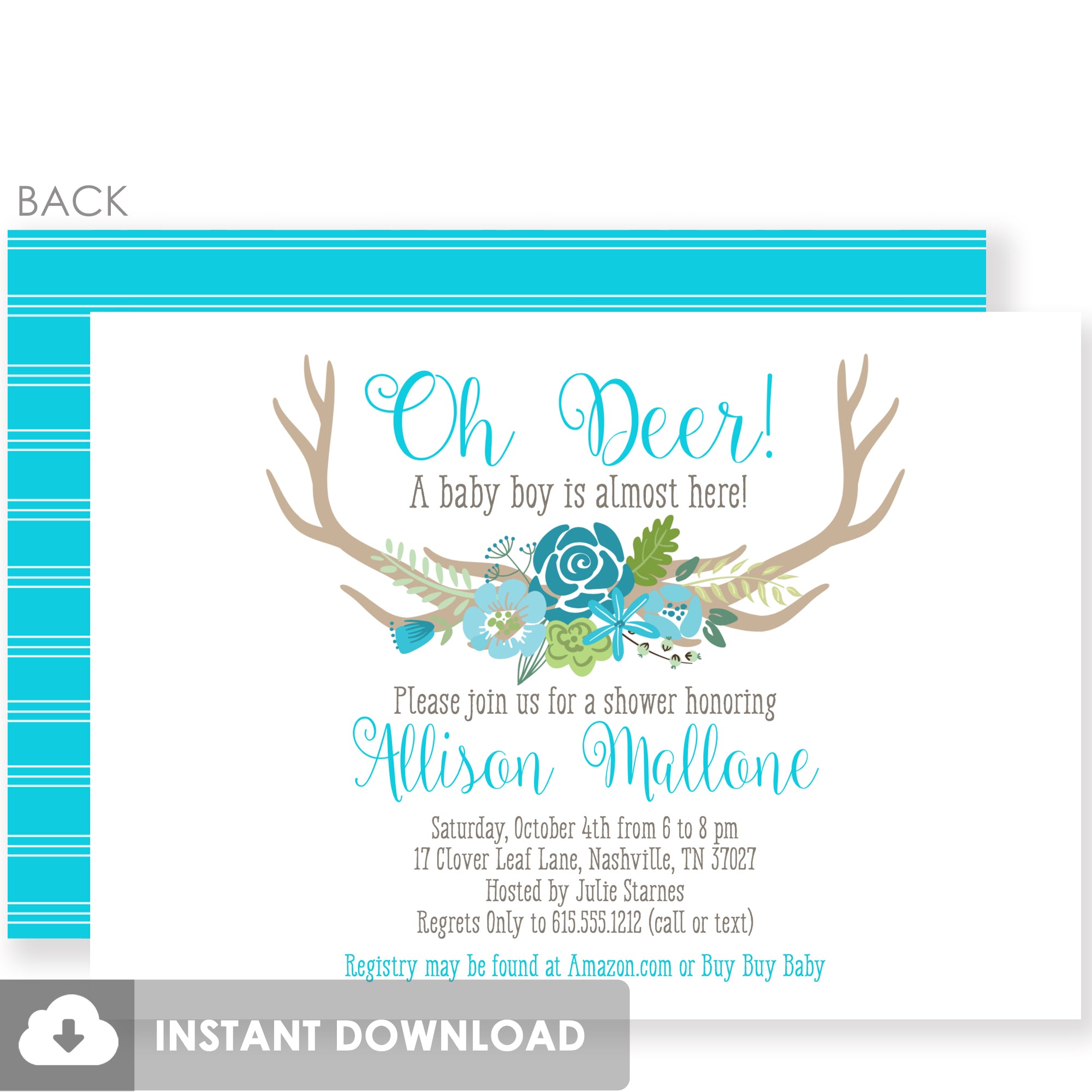 Oh Deer Boy Baby Shower Invitation | Instant Download and Fully Editable Colors | Templett Invitation | PIPSY.COM
