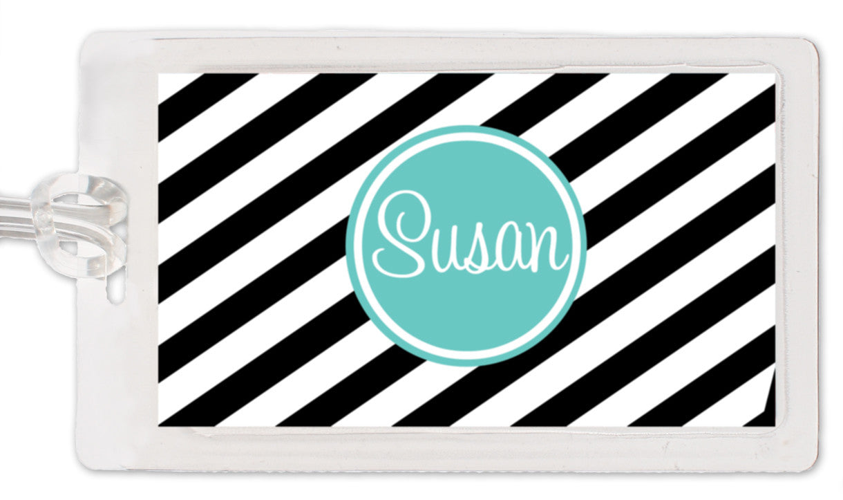 Black and white diagonal stripe with aqua name medallion bag tag